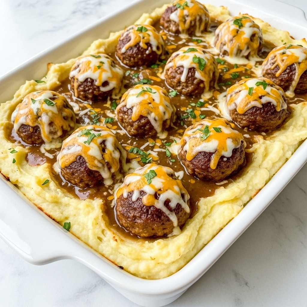 The dish shows a white rectangular baking dish filled with a base layer of creamy, pale mashed potatoes that look fluffy and soft. On top, there are several browned meatballs arranged evenly around the surface, each covered with melted golden cheddar and white cheese, which drapes smoothly over them. Between the meatballs, rich, brown gravy pools, adding a glossy texture that touches the edges of the mashed potatoes. Small green herb sprinkles add a touch of color and freshness on top, giving the dish a warm and hearty look. The dish rests on a white marbled textured surface. photo taken with an iphone --ar 4:5 --v 7
