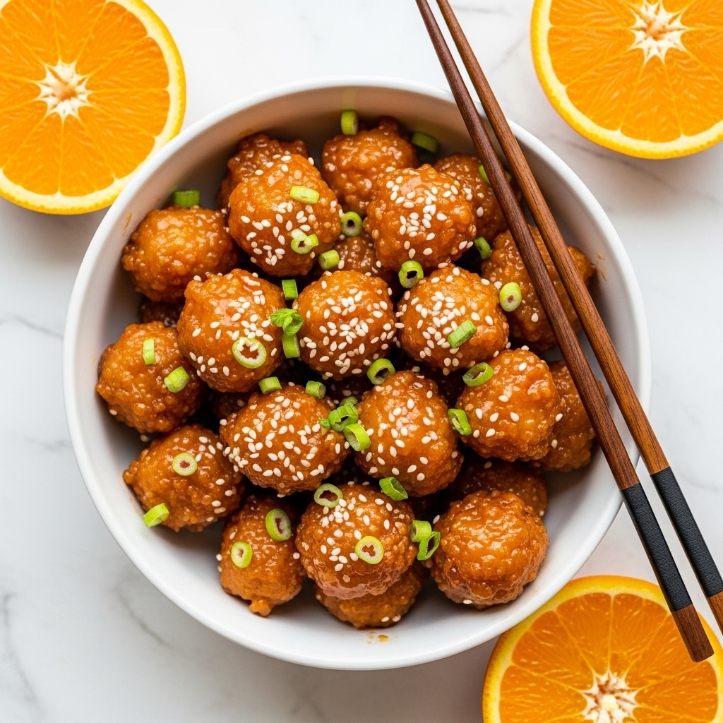 A white bowl filled with small bite-sized pieces of golden fried chicken coated in a shiny orange glaze. The chicken pieces are topped with small white sesame seeds and scattered green onion bits, giving bright green pops of color. The bowl sits on a white marbled surface with two dark brown chopsticks placed next to it. Around the bowl are fresh orange slices showing bright orange flesh with a textured surface. photo taken with an iphone --ar 4:5 --v 7