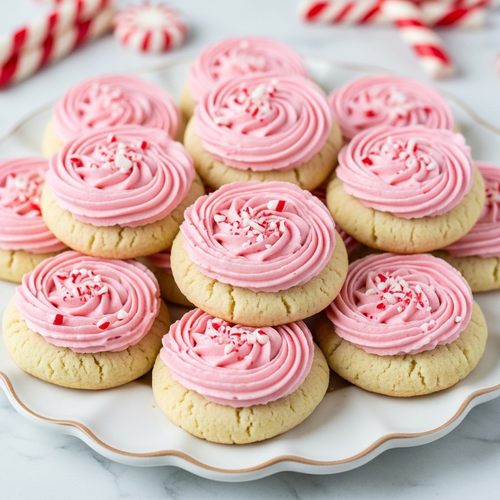 A white plate with scalloped edges holds a neat stack of soft, round cookies, each cookie topped with a thick layer of light pink frosting swirled on top, sprinkled with small red and white peppermint bits. The cookies have a pale golden base with the frosting evenly covering the center of each. The plate sits on a white marbled surface with blurred peppermint sticks in the background. photo taken with an iphone --ar 4:5 --v 7