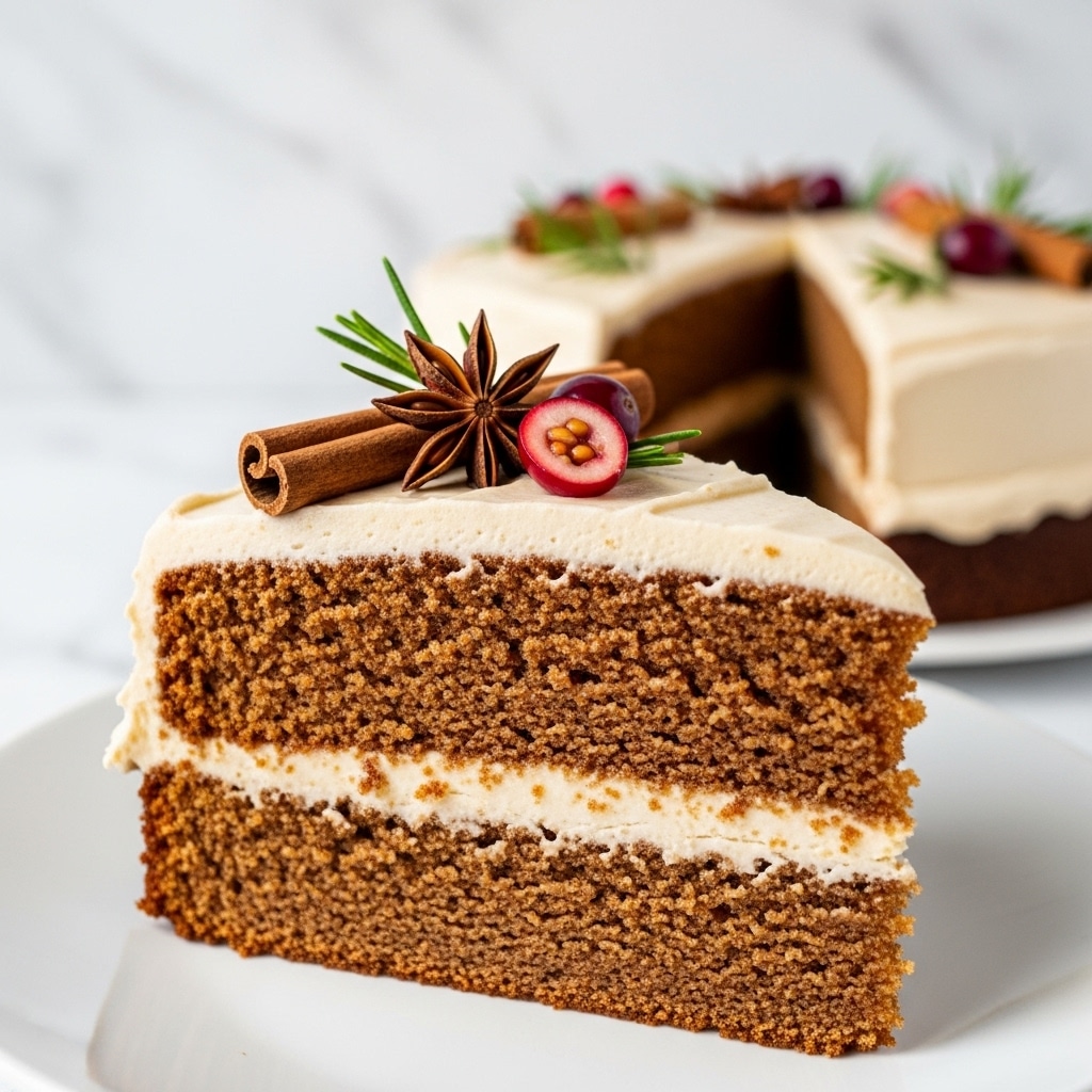 A two-layer round cake with a light brown creamy frosting covering the entire surface, sitting on a white plate. Each layer inside is dark brown with a thin layer of the same light brown frosting in between. The top edge of the cake is decorated with green rosemary sprigs, whole red cranberries, cinnamon sticks, and star anise, forming a wreath around the center. A slice of cake is being lifted, showing the smooth texture of the frosting and the moist cake inside. In the background, two white cups filled with dark tea and a white teapot rest on a white marbled surface. photo taken with an iphone --ar 4:5 --v 7