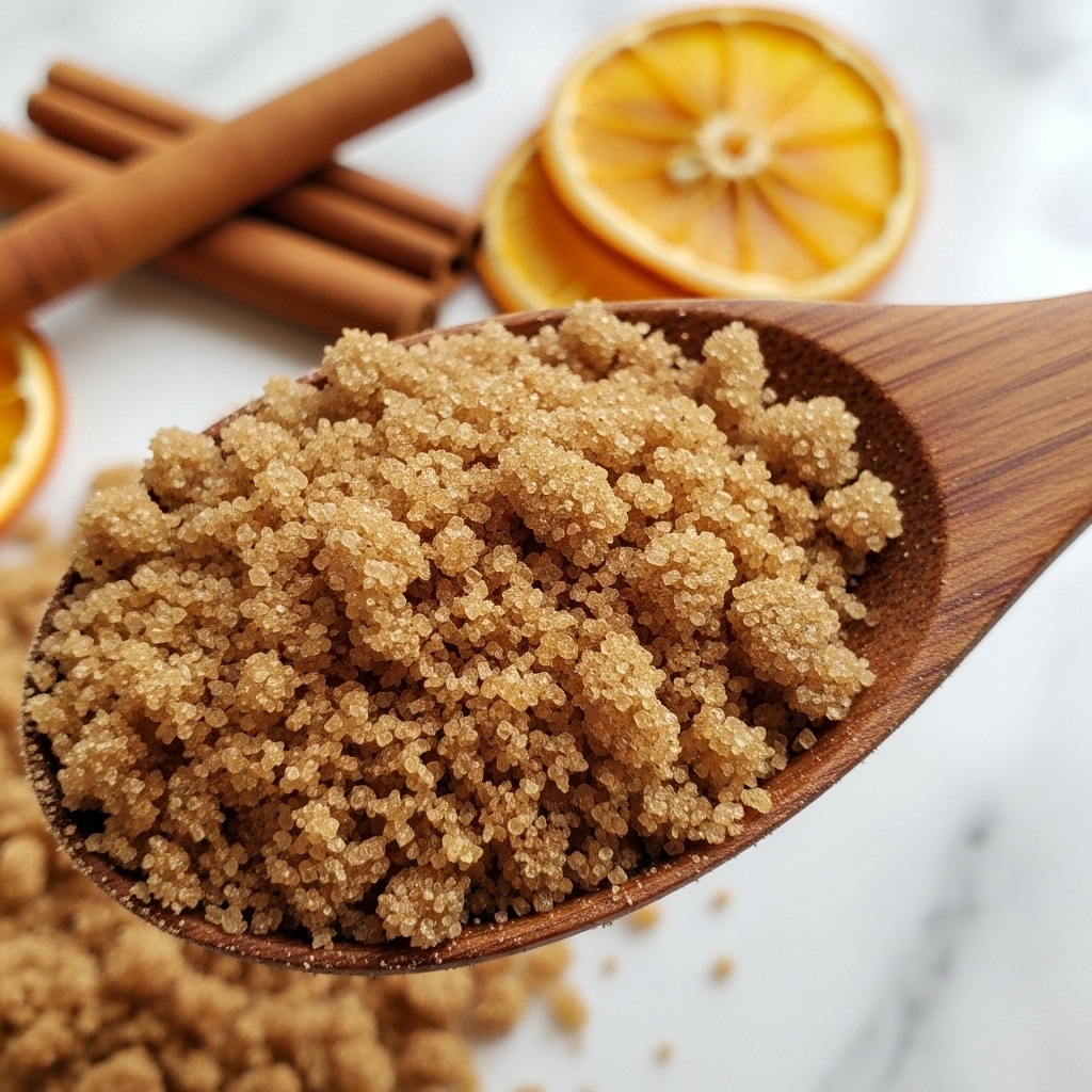 A close-up view of a wooden spoon filled with a coarse, sparkling brown sugar and cinnamon mixture. The sugar crystals are large and glisten with a slightly rough texture, showing shades of light and dark brown. The spoon is held horizontally, positioned in the right side of the image, with the background softly blurred to show stacked cinnamon sticks and orange dried fruit slices on a white marbled surface. photo taken with an iphone --ar 4:5 --v 7