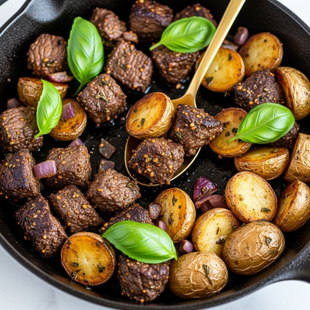 A close-up view of a cast iron pan filled with cooked beef chunks and halved baby potatoes, both pieces coated in a rich, dark brown seasoning with visible herbs and bits of red onion scattered throughout. The beef looks tender with a slightly charred texture, while the potatoes show golden-brown, crispy edges and a soft, warm interior. Bright green fresh basil leaves rest on top as garnish, adding a fresh contrast to the warm earthy colors. A gold spoon lifts some food in the center, showcasing the mix of beef and potatoes, all set against a white marbled surface. photo taken with an iphone --ar 4:5 --v 7