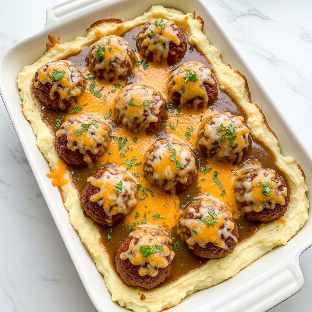 A white rectangular baking dish filled with a base layer of creamy mashed potatoes that are light yellow and fluffy, surrounding a middle layer of rich brown gravy that is slightly glossy, topped with evenly spaced browned meatballs each covered with melted cheese that is a mix of yellow cheddar and white mozzarella. The cheese is sprinkled with small green herb bits, and the edges of the mashed potatoes look soft and slightly textured. The dish is placed on a wooden surface with a blurred background. photo taken with an iphone --ar 4:5 --v 7