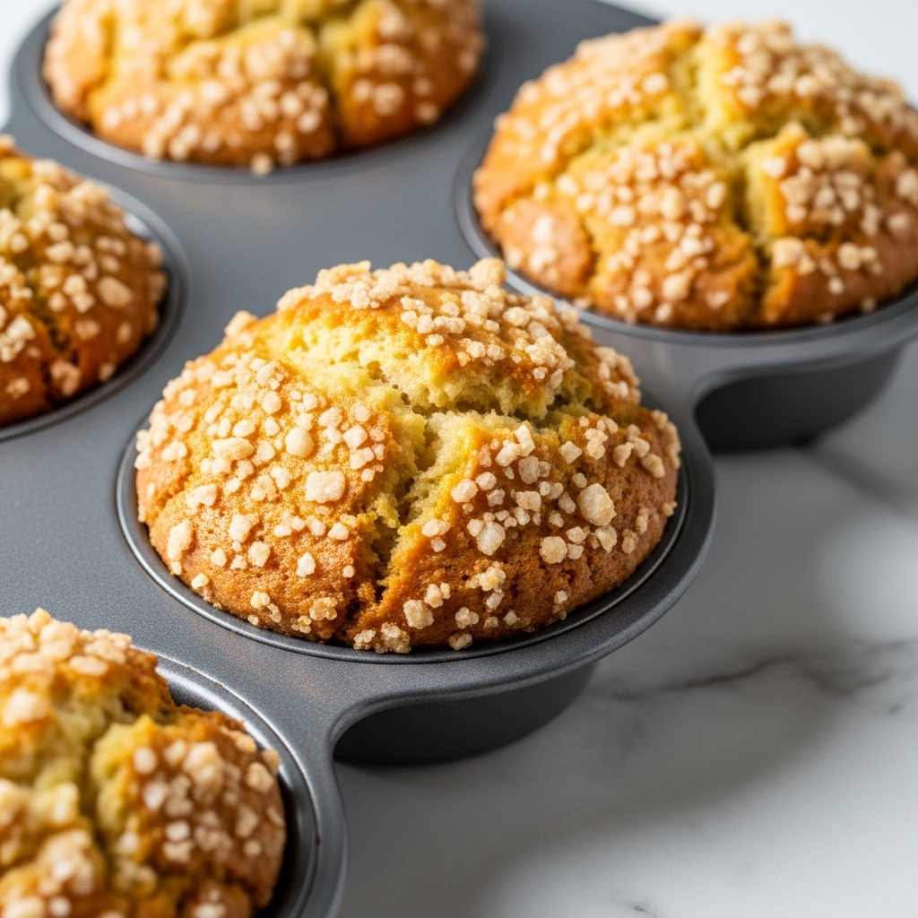 The image shows a close-up of freshly baked muffins in a gray muffin pan set on a white marbled texture. Each muffin has one thick, golden brown dome-shaped layer with a rough, crumbly texture on top. The surface of the muffins is sprinkled with large, shiny sugar crystals that catch the light and add sparkle. The muffin at the center of the image has a small crack on the top, showing a soft, light yellow interior beneath the golden crust. The background remains simple, focusing on the warm and textured muffins in the pan. photo taken with an iphone --ar 4:5 --v 7