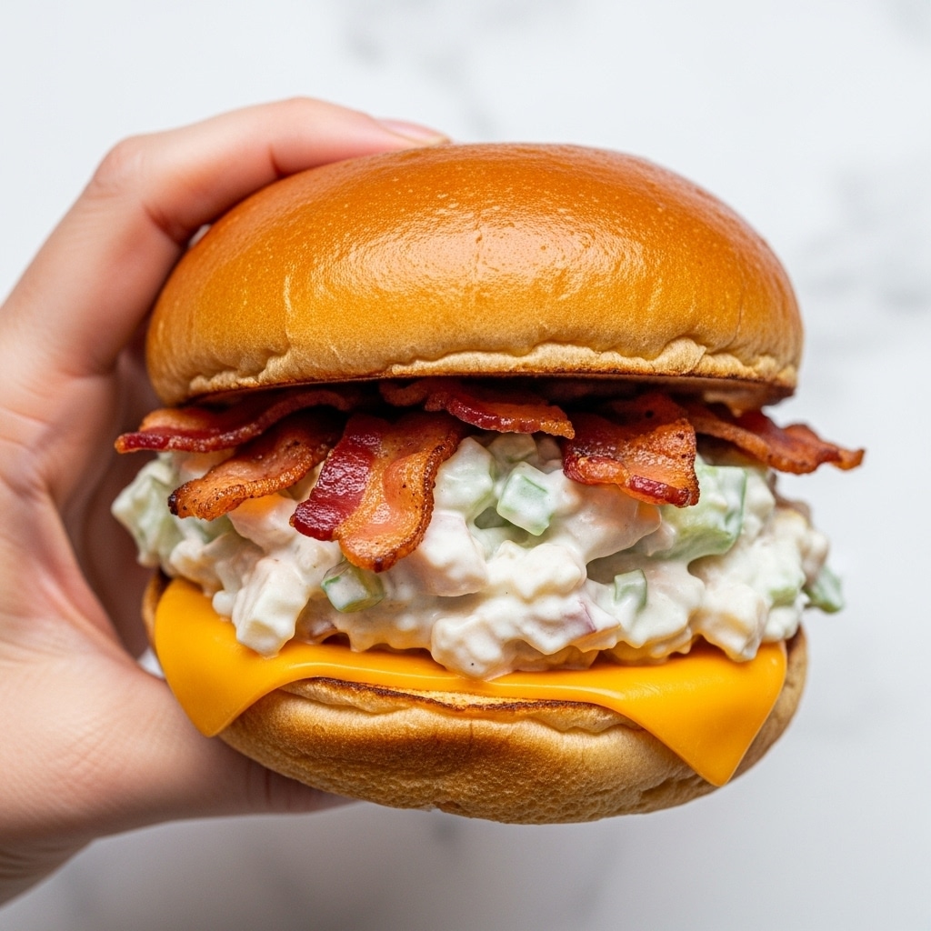 A sandwich held by a woman's hand, showing a soft, golden brown bun with a slightly shiny and textured top layer. Inside, the first visible layer is thin cheddar cheese in a bright orange color, sitting on the bottom bun. Above the cheese, there is a thick layer of creamy white salad mixed with small pieces of light-colored ingredients. On top of this creamy layer, there are crispy, dark red bacon bits scattered evenly. The sandwich has three main layers inside the bun—the cheese, creamy salad, and bacon—stacked neatly between the soft bread. The photo taken on a white marbled texture. photo taken with an iphone --ar 4:5 --v 7