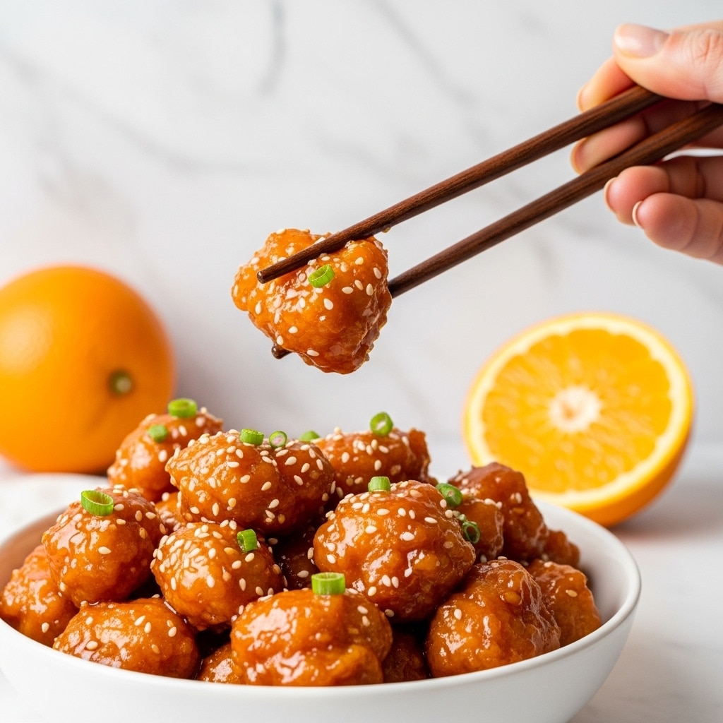 The image shows a white bowl filled with bright orange, glossy, bite-sized chicken pieces coated in a thick sauce. The chicken has a smooth, sticky texture with a sprinkling of small white sesame seeds and bits of green scallions on top. A woman's hand is holding dark wooden chopsticks, lifting one piece of chicken coated in sauce from the bowl. Next to the bowl is a vibrant orange slice with a juicy texture, and a whole orange is visible in the blurred white marbled background. The colors are warm and inviting, with a clear focus on the saucy chicken piece held by the chopsticks. photo taken with an iphone --ar 4:5 --v 7
