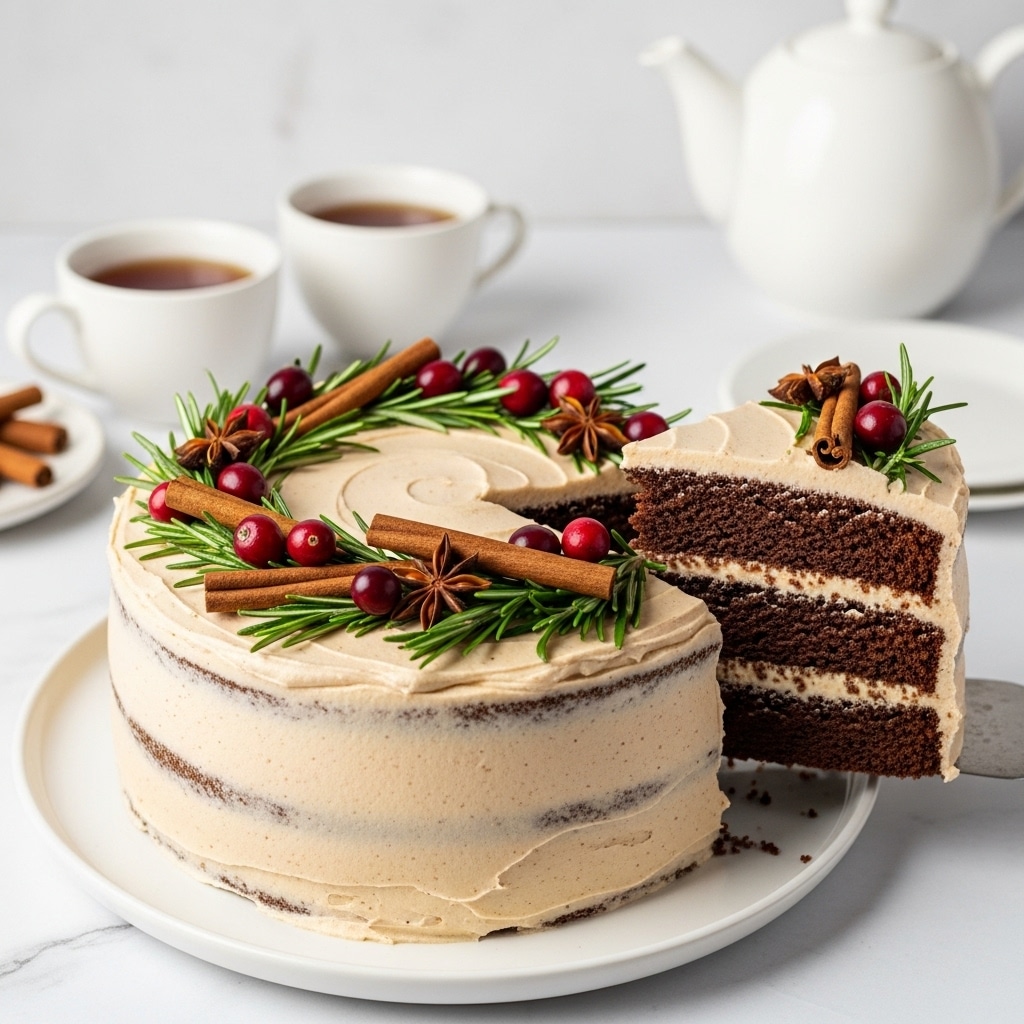 A slice of two-layer brown cake with a smooth light beige cream filling between the layers and coating the top, placed on a white plate. The cake has a moist texture with a fine crumb, and the top is decorated with two cinnamon sticks, a star anise, a half cranberry showing seeds, and green rosemary sprigs. The background is a white marbled texture with a blurred whole cake in the distance. photo taken with an iphone --ar 4:5 --v 7