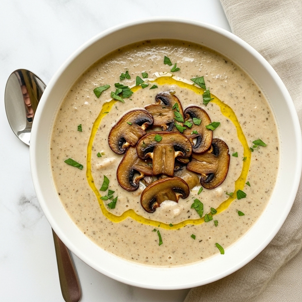A white bowl filled with creamy mushroom soup that has a light beige base layer with cooked mushroom slices scattered on top, showing darker brown and slightly shiny textures. The surface is dotted with small green parsley flakes, adding a fresh contrast, and the soup has a smooth, slightly glistening look. The bowl sits on a white marbled textured surface with a silver spoon placed beside it, along with a beige cloth nearby. Photo taken with an iphone --ar 4:5 --v 7