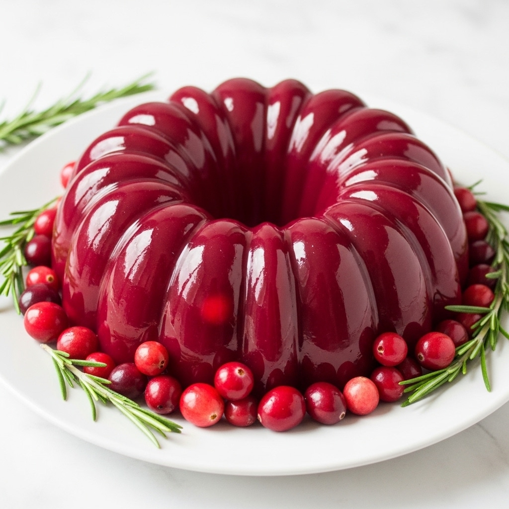 A glossy, deep red gelatin dessert shaped like a ring mold with smooth, shiny ridges running vertically around it, sitting in the center of a round white plate. The gelatin has a translucent texture that reflects light softly. Around the base of the gelatin, there are bright red and pink cranberries scattered, accompanied by sprigs of fresh green rosemary placed near the edges. The scene is set on a white marbled surface, with soft, natural lighting highlighting the bright colors and the shine of the gelatin. Photo taken with an iphone --ar 4:5 --v 7