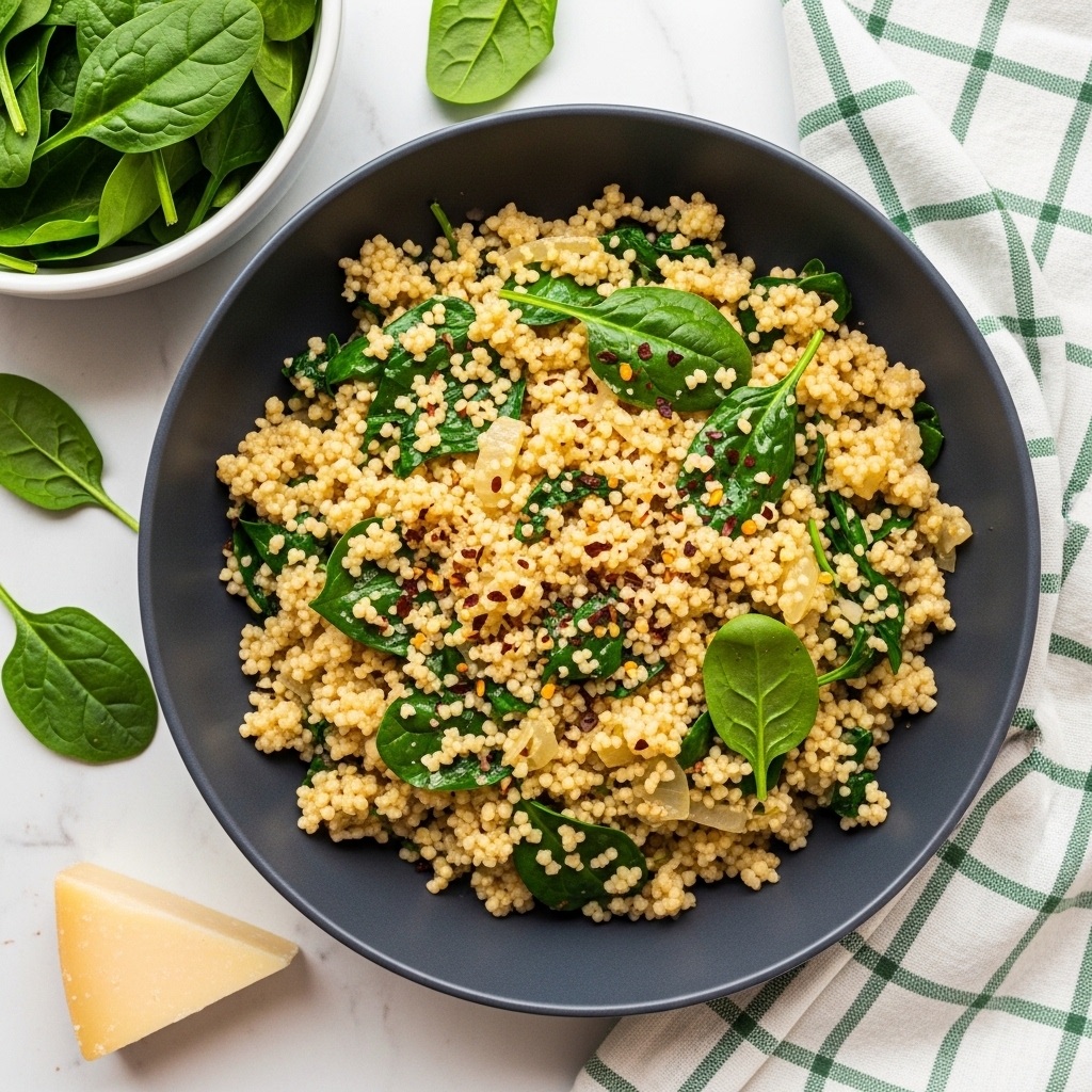A dark grey bowl filled with a dish made of light yellow, small couscous grains mixed with scattered green spinach leaves and small pieces of translucent cooked onion. The dish has a slightly crumbly texture with some red flakes sprinkled on top, adding color contrast. The bowl sits on a white marbled surface, next to a white bowl filled with fresh green spinach leaves on the top left. A checkered white and green cloth is placed on the right side of the couscous bowl, with a triangular piece of light yellow cheese at the bottom left corner. Photo taken with an iphone --ar 4:5 --v 7