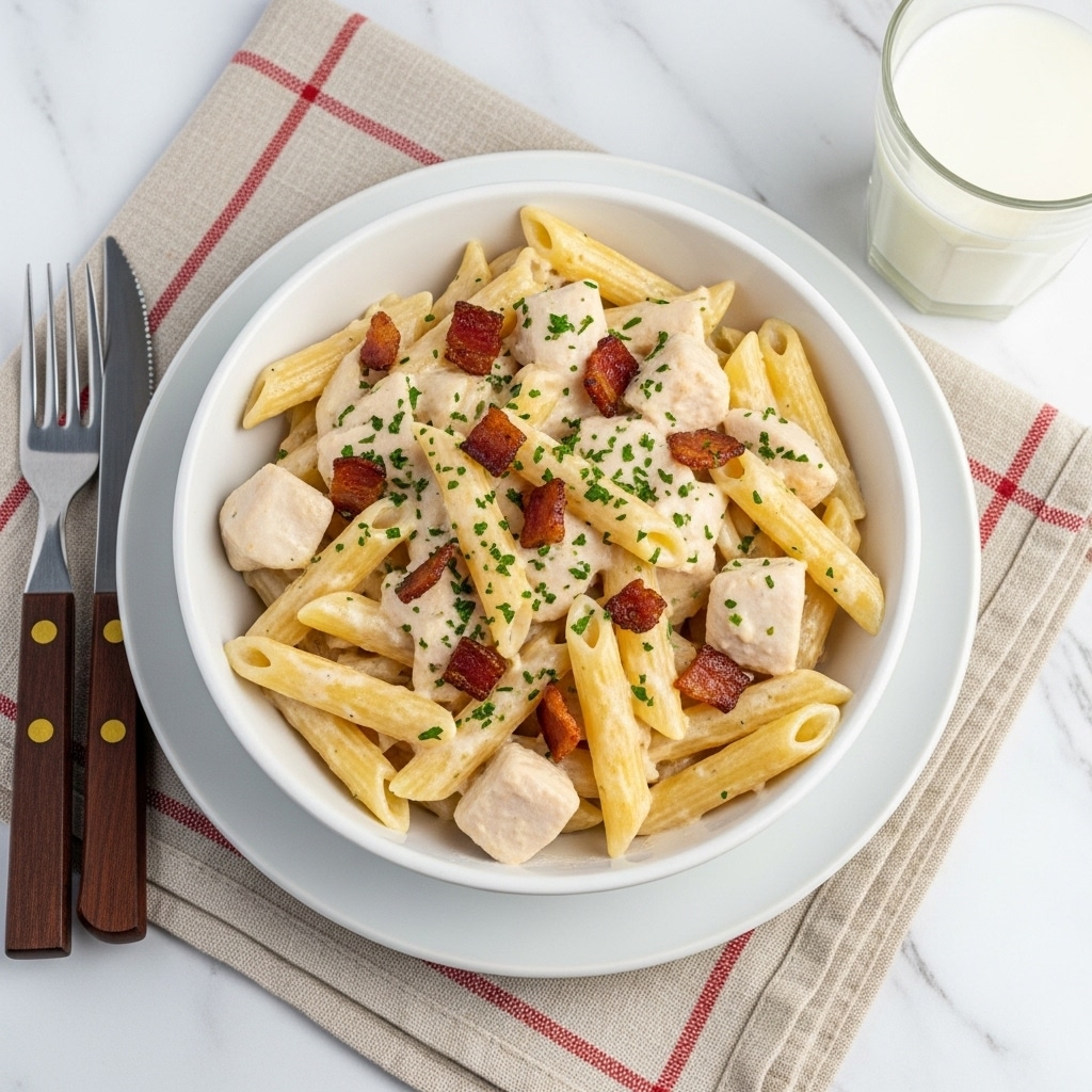 A white bowl filled with creamy penne pasta that has a light beige sauce coating each piece. Mixed in are chunks of white chicken and small, crispy dark brown bacon bits scattered on top. The pasta surface is sprinkled with small green parsley flakes. The bowl sits on a white plate, placed over a beige and red checkered cloth on a white marbled texture. On the left side, a fork and knife with dark brown handles are visible, and a clear glass of milk stands to the right. photo taken with an iphone --ar 4:5 --v 7