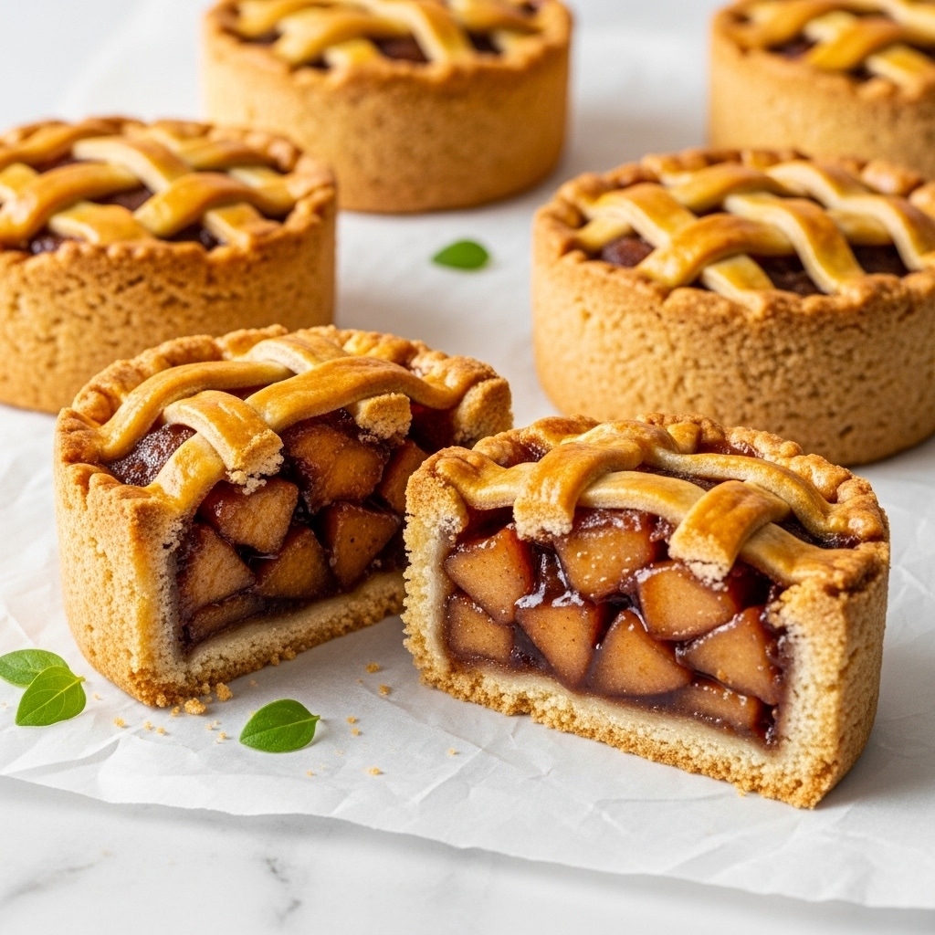 The image shows several small round pies with a shiny, golden-brown lattice crust on top. Each pie has a thick, crumbly side crust that rises about an inch tall. Two pies at the front are cut open, revealing a dense filling of spiced, cooked apple chunks in a dark caramel sauce, surrounded by a thick, light golden bottom crust. The pies are placed on white parchment paper over a white marbled surface, with two small green herb leaves near the front pies. The crisp lattice crust contrasts with the rich, moist interior. photo taken with an iphone --ar 4:5 --v 7
