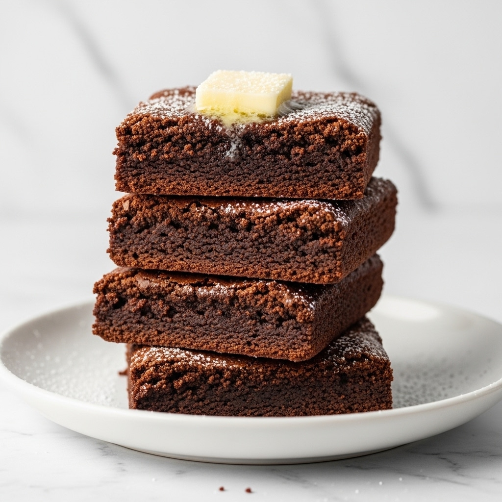 The image shows a stack of four thick chocolate brownies on a white plate. Each brownie has a rich, dark brown color with a moist and slightly crumbly texture. The top brownie is cut to show its dense inside, revealing a soft and fudgy center. A small dollop of pale butter sits on the top brownie, melting slightly. The brownies are dusted lightly with white powdered sugar, adding contrast to the dark chocolate surface. The scene is set on a white marbled texture background. photo taken with an iphone --ar 4:5 --v 7
