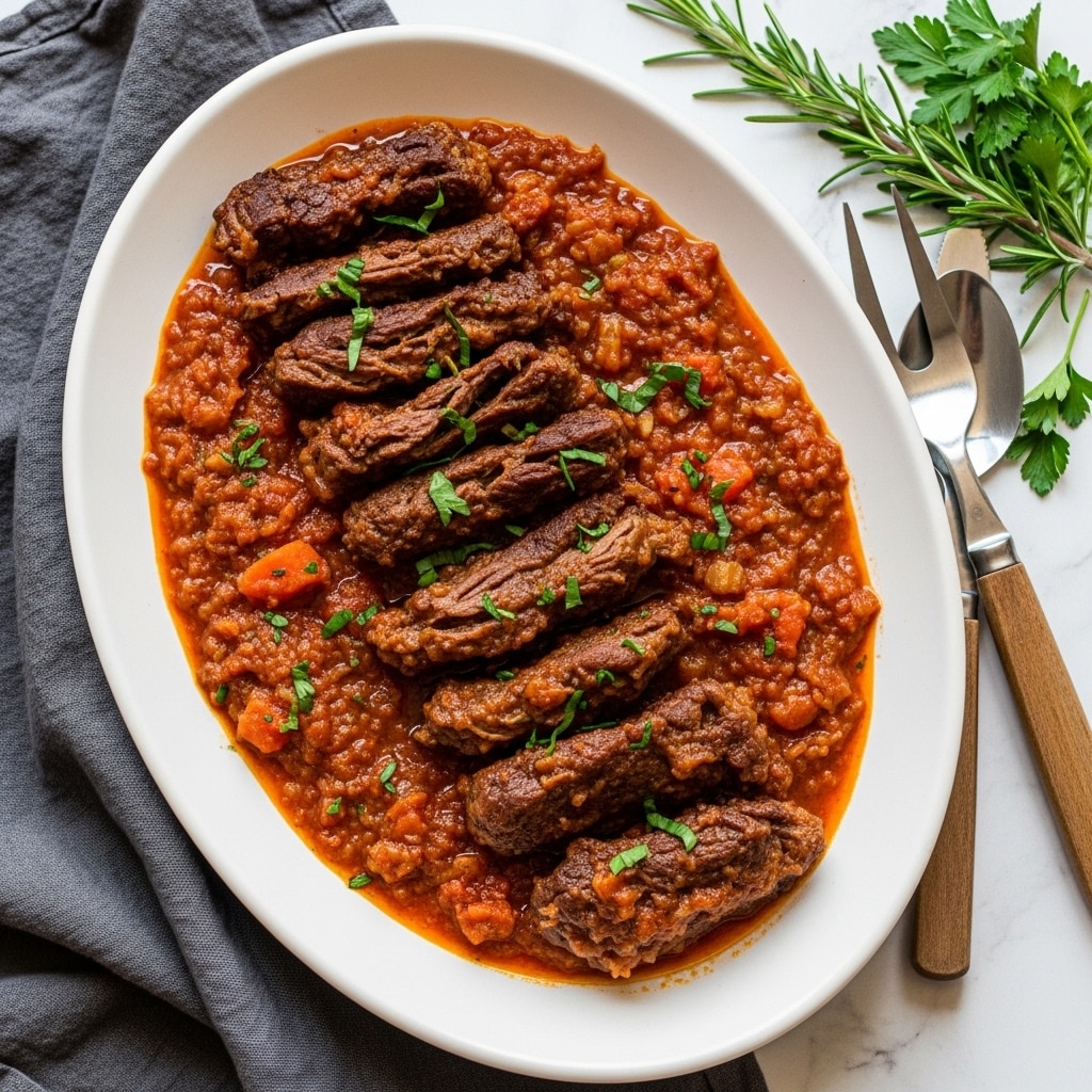 This close-up image shows several large chunks of tender brown meat covered in a thick, reddish-brown sauce with visible herbs and spices. The meat pieces have a textured, slightly rough surface and are garnished with chopped green parsley scattered on top. The sauce appears rich and glossy, pooling gently around the meat, and a few whole parsley leaves rest near the bottom of the dish. The dish is presented in a white bowl sitting on a white marbled surface, and a silver fork is slightly visible on the right side of the image. Photo taken with an iphone --ar 4:5 --v 7