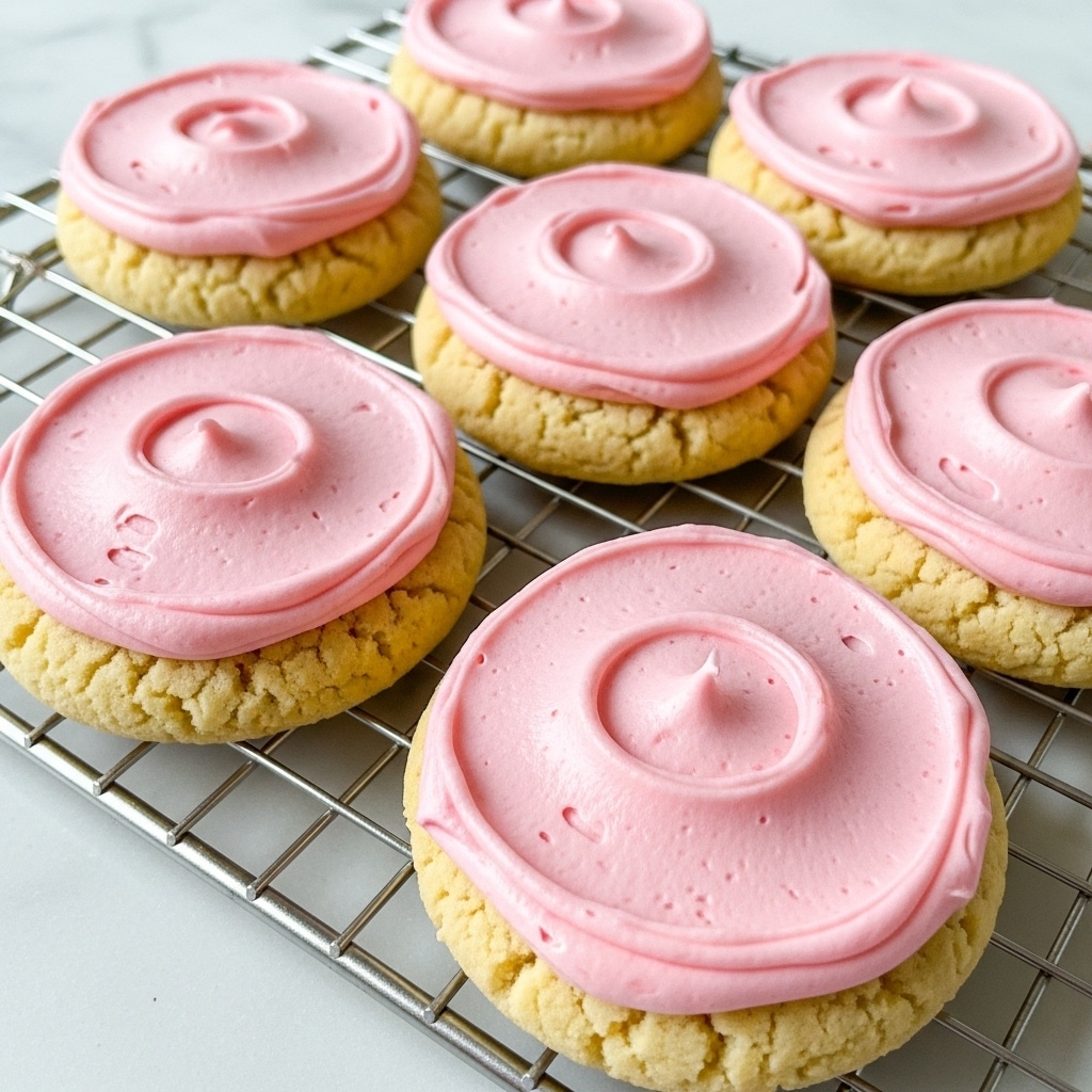 The image shows six round sugar cookies with a thick layer of smooth, light pink frosting spread evenly on top of each cookie. The cookies have a golden-brown base with a soft, slightly crumbly texture. They are arranged on a metal cooling rack, which sits on a white marbled surface. The pink frosting has a creamy, swirled texture with visible gentle ridges and curves made by a spreading tool. The cookies are close to each other and fill the frame with a soft natural light enhancing their pastel colors. Photo taken with an iphone --ar 4:5 --v 7