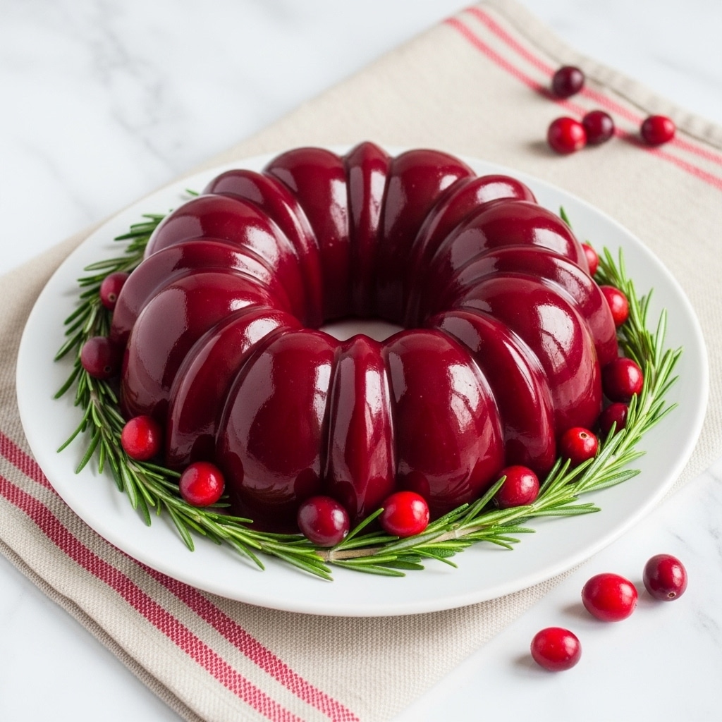 A shiny, deep red gelatin dessert shaped in a ring with smooth, curved ridges sits in the middle of a white plate. Around the base of the gelatin are bright red cranberries and sprigs of fresh green rosemary, adding a natural touch. The plate rests on a beige cloth with red stripes, placed on a white marbled surface. Additional cranberries are scattered nearby, enhancing the festive look. photo taken with an iphone --ar 4:5 --v 7