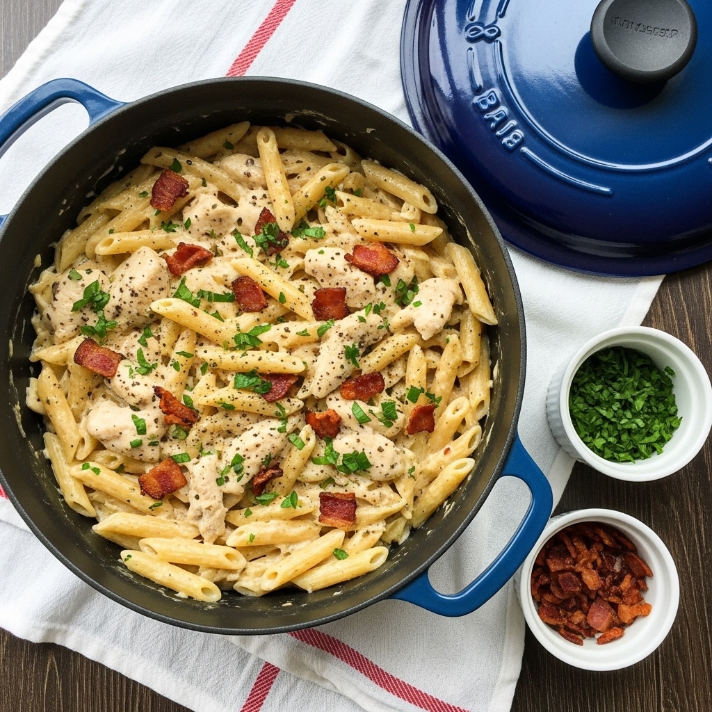 A top view of a large dark gray pot filled with creamy penne pasta mixed with chunks of chicken and small pieces of crispy bacon, all coated in a light beige creamy sauce with black pepper specks, and garnished with small green parsley pieces scattered on top. The pot rests on a white cloth with red stripes over a dark wooden table, and next to it are two small white bowls—one with bright green chopped herbs and the other with crispy bacon bits. The pot's dark blue lid is set aside on the table. Photo taken with an iphone --ar 4:5 --v 7