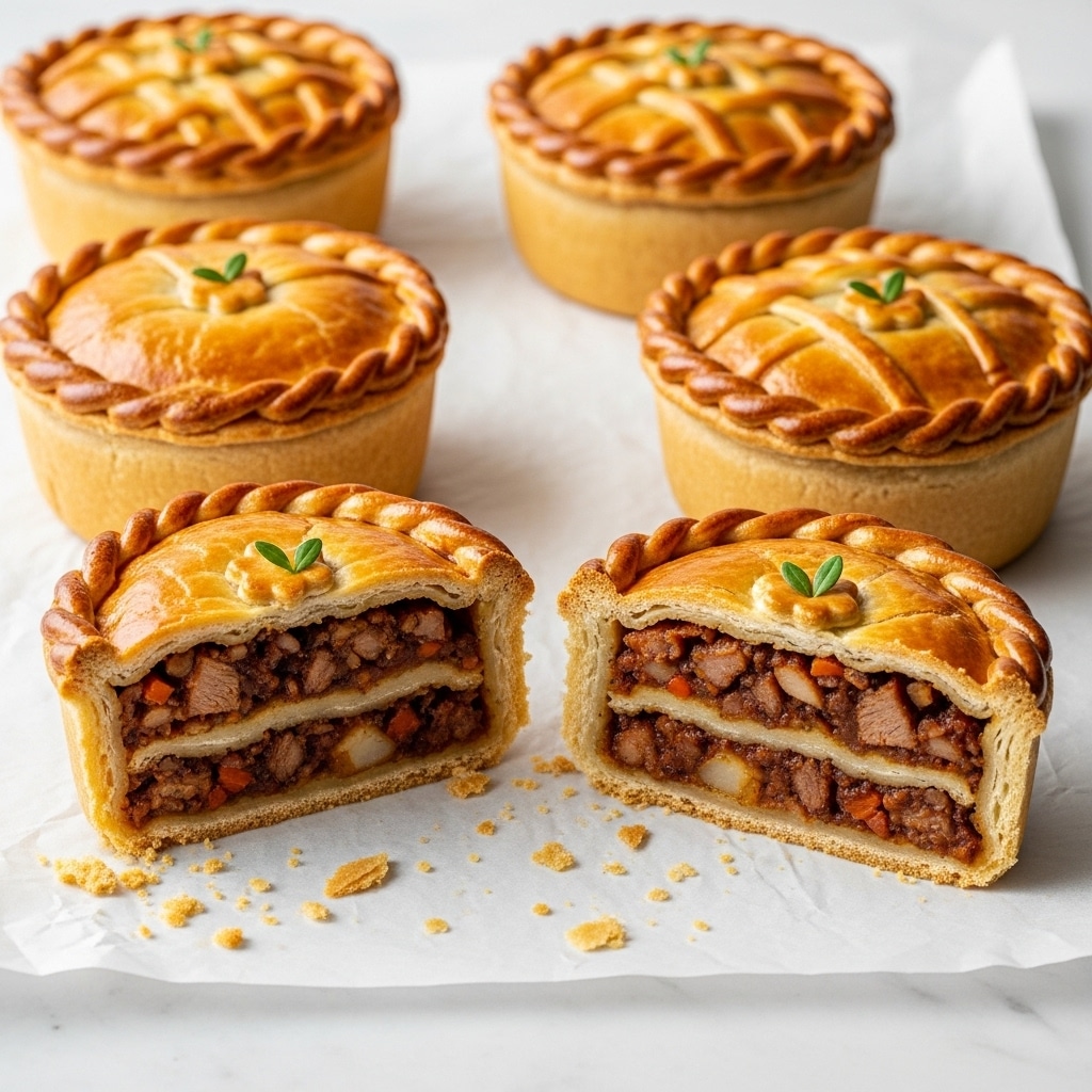 Five small round pies sit on a white marbled surface lined with white parchment paper. Each pie has a thick, shiny, golden-brown crust with a braided edge and a lattice top decorated with a small green herb in the center. Two pies are cut in half, showing layers inside: a thick, rich brown filling with chunks of meat and vegetables. The crust is flaky and buttery, with visible layers in the cross-section. Crumbs from the crust are on the parchment near the cut pies. The lighting highlights the shine and texture of the crust and filling. Photo taken with an iphone --ar 4:5 --v 7