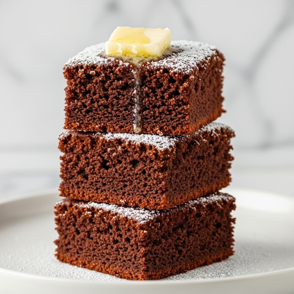 The image shows a close-up of three square pieces of chocolate cake stacked on a white plate. Each cake piece has a soft, moist texture with a dark brown color, and the top is sprinkled lightly with powdered sugar that adds a delicate white dusting. The top cake piece has a small dollop of creamy butter melting slightly on it, adding a smooth light yellow contrast to the rich brown cake. The background features a white marbled texture which highlights the warm tones of the cake, making it the focus of the photo. photo taken with an iphone --ar 4:5 --v 7