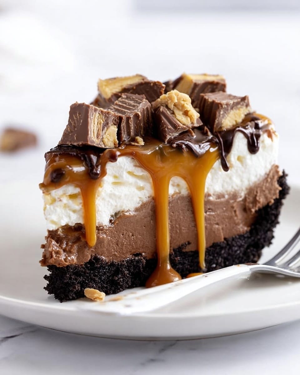 The image shows a rich multi-layered dessert cake on a white plate. The bottom layer is dense, dark brown chocolate cake. Above it is a thick, glossy dark chocolate layer. On top of this is a fluffy white layer of cream, which is slightly uneven. The top surface is covered with a shiny drizzle of caramel and dark chocolate sauce swirled together. Scattered all over the top are bits of chopped chocolate peanut butter cups, adding texture and color contrast with their brown and tan pieces. Caramel sauce drips down the sides of the cake onto the plate. The plate sits on a white marbled surface. photo taken with an iphone --ar 4:5 --v 7