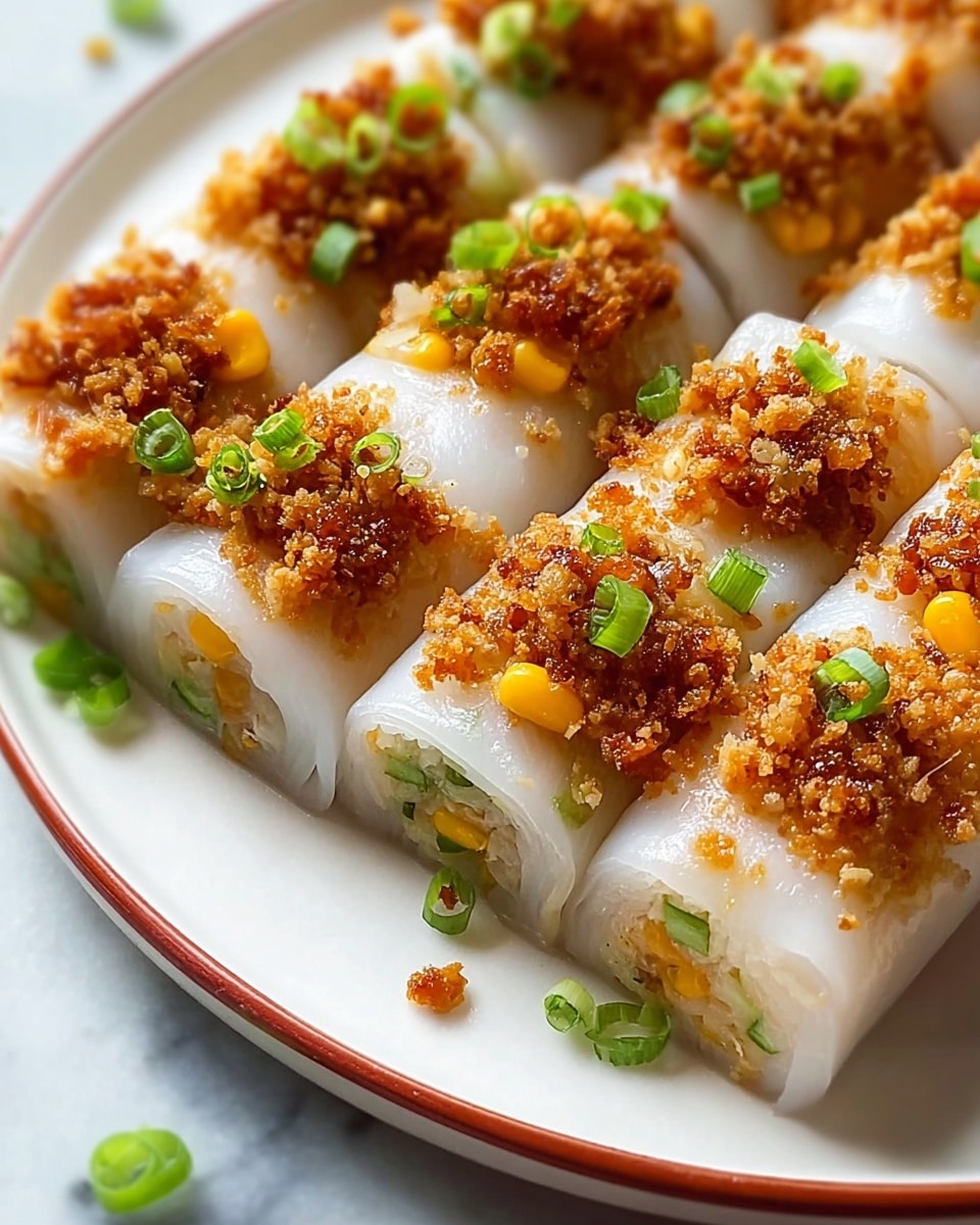 The image shows several pieces of steamed rice rolls neatly arranged on a white plate with a thin red rim, placed on a white marbled surface. Each roll is made of a thin, translucent white rice sheet wrapped around layers of sticky white rice mixed with golden yellow corn bits and topped with a crumbly brown savory mixture. Small green chopped scallions are sprinkled on top and a few are scattered around the plate, adding a fresh touch of color. The texture looks soft and slightly glossy with a contrast between the smooth rice roll and the grainy topping. Photo taken with an iphone --ar 4:5 --v 7