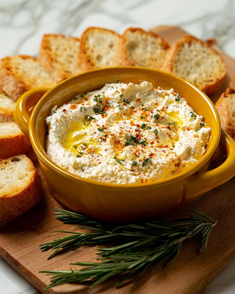 A thick white spread with a creamy, slightly crumbly texture fills a round white bowl with handles. It is topped with golden olive oil pooling in the center, sprinkled with small green herb pieces and fine red spice powder, giving it spots of color and texture contrast. The bowl is placed on a wooden board surrounded by several slices of bread that are light golden brown with a crispy crust and soft inside. Some green herb sprigs lie on the board nearby, all set against a white marbled surface. photo taken with an iphone --ar 4:5 --v 7