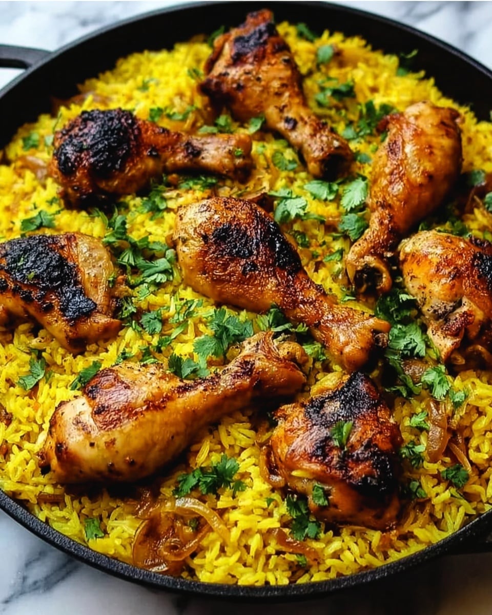 A large black pan filled with bright yellow rice that looks fluffy and well-cooked, topped with six pieces of golden-brown grilled chicken drumsticks and thighs that are lightly charred and crispy on the outside. The chicken pieces are scattered evenly on the rice, which is mixed with small bits of caramelized onions. Fresh green cilantro leaves are sprinkled generously over the entire dish, adding a touch of color contrast and freshness. The photo is close-up, showing the texture of the rice, chicken, and cilantro clearly, all set on a white marbled surface. photo taken with an iphone --ar 4:5 --v 7