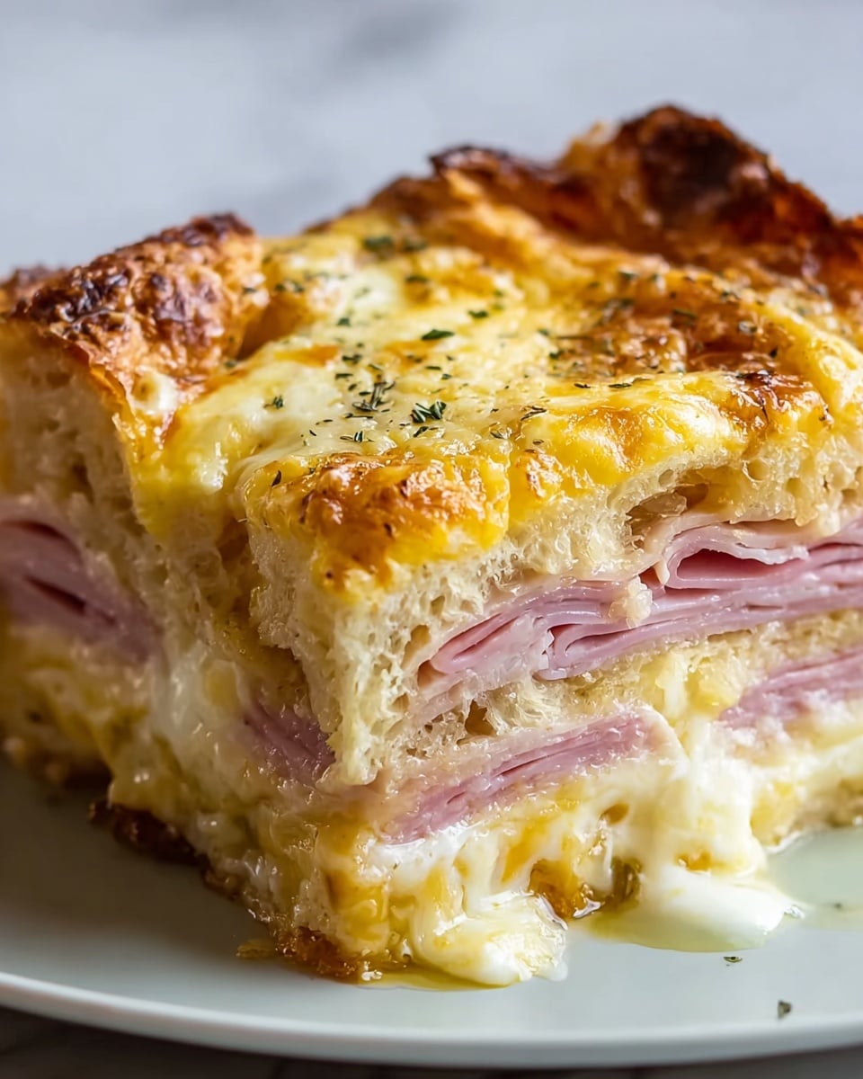 A close-up image of a layered sandwich bake showing three main layers: the bottom layer is lightly browned bread with a soft texture, the middle layer consists of thin, folded slices of pink ham, and the top layer is a thick, golden-brown baked egg and cheese mixture with a slightly crispy, bubbly texture and some herbs sprinkled on top. The edges of the bake are darkened and crisp, with a small amount of melted cheese oozing out between layers. The dish is placed on a white plate over a white marbled surface. Photo taken with an iphone --ar 4:5 --v 7