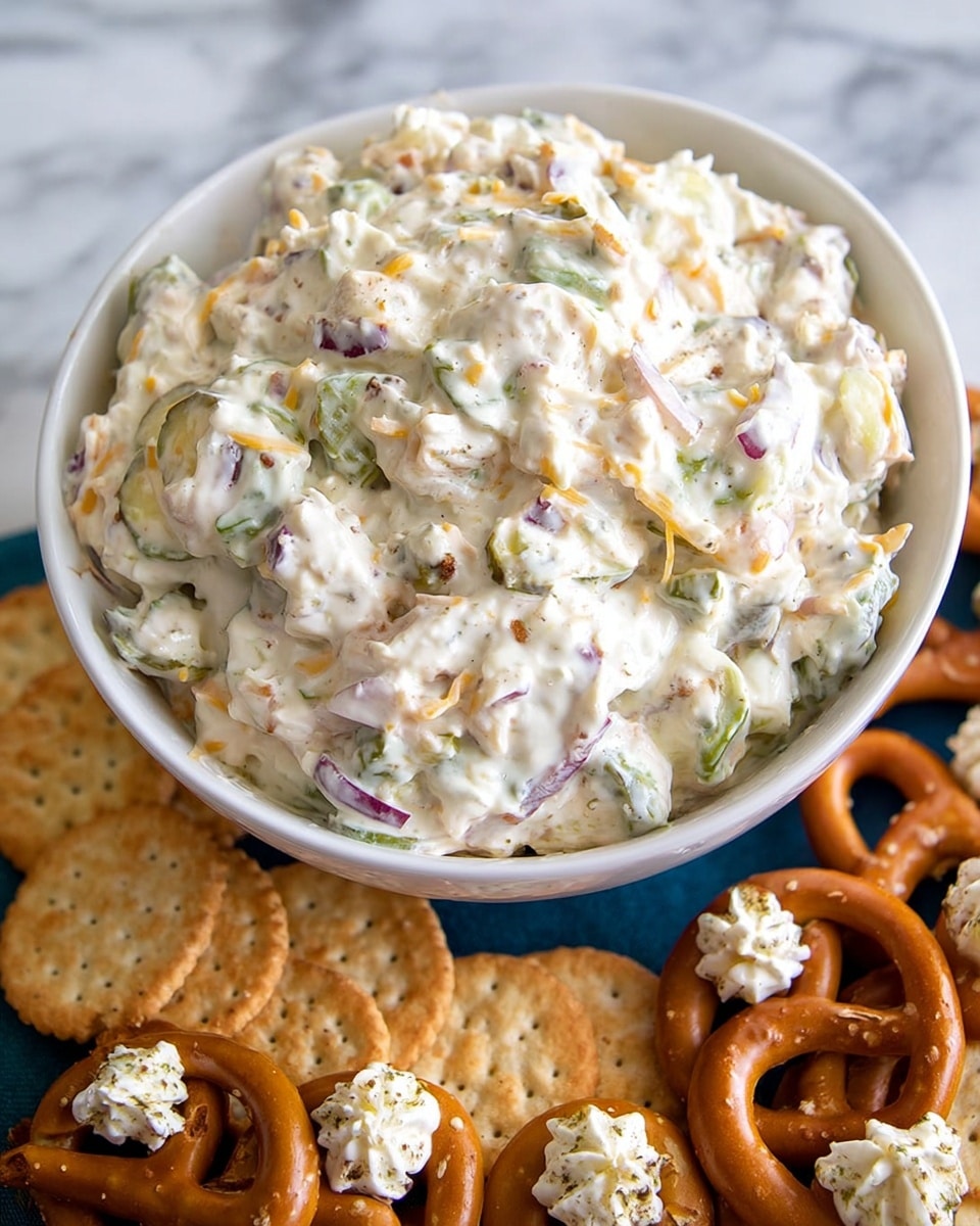 A white bowl filled with a creamy dip that has visible chunks of light green pickles, small pieces of purple onion, and bits of shredded cheese mixed throughout. The creamy texture looks smooth but thick, and the dip is heaped inside the bowl. Surrounding the bowl on a white marbled surface are light brown round crackers and pretzels, some topped with dollops of the same creamy dip. Photo taken with an iphone --ar 4:5 --v 7