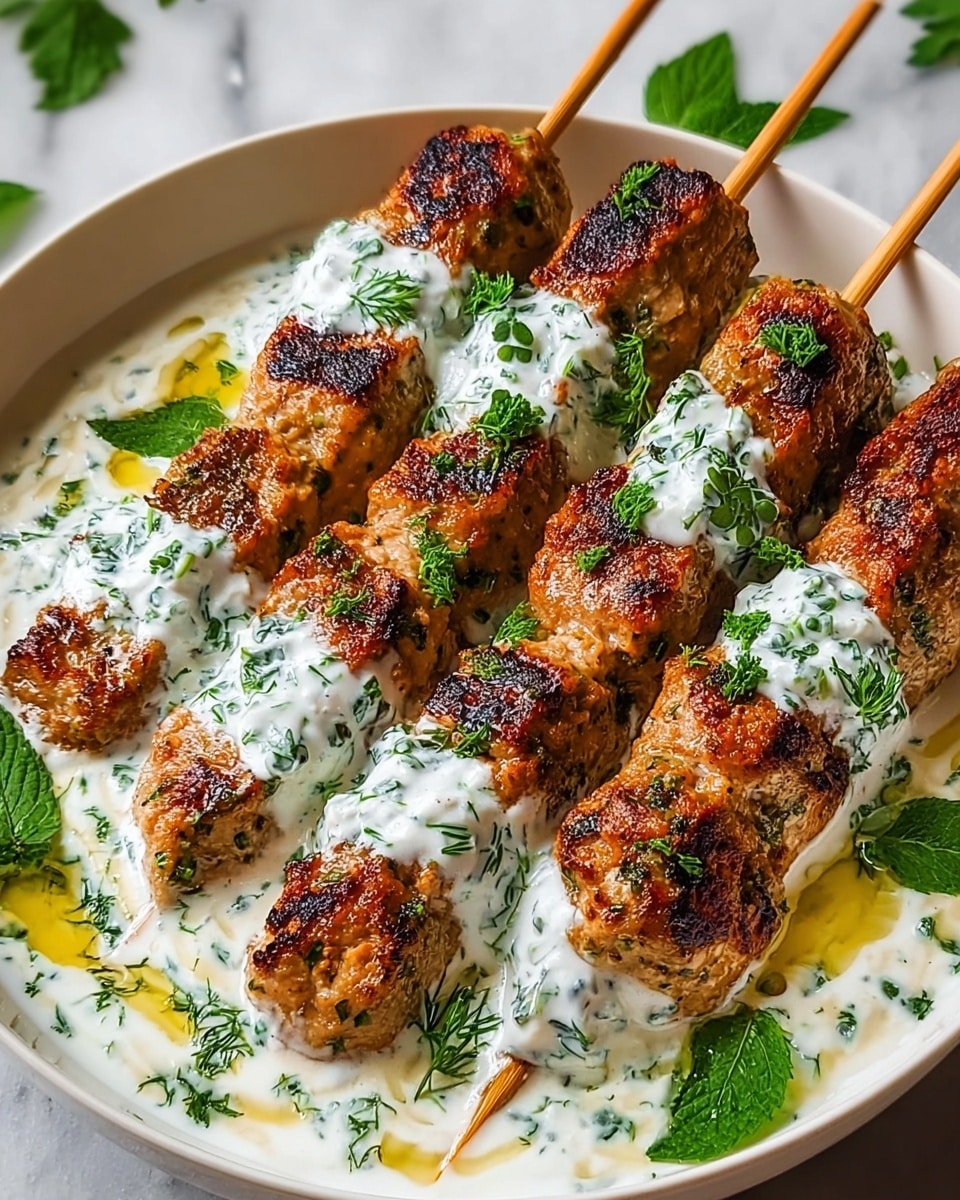 The image shows four grilled meat skewers arranged side by side on a white bowl filled with a creamy white sauce that has chopped green herbs mixed in and small pools of olive oil. Each skewer has evenly browned, slightly charred meat pieces that are golden brown with a crispy texture. On top of each skewer piece is a thick dollop of white sauce with finely chopped green herbs sprinkled over it, adding a fresh look. Whole green herb leaves are scattered around the bowl, enhancing the fresh and vibrant presentation. The bowl sits on a white marbled surface. Photo taken with an iphone --ar 4:5 --v 7