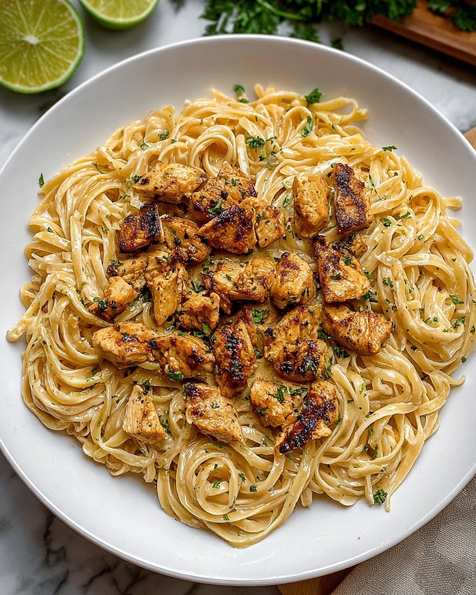 A white round plate holds a serving of pasta with grilled chicken pieces. The pasta is light beige, twisted and layered evenly at the base, with small flecks of herbs mixed in. On top, there are many browned, grilled chicken chunks scattered with little black pepper spots and sprinkled with chopped green herbs for color. Around the plate, there is a lime wedge and fresh green parsley resting on a white marbled surface. photo taken with an iphone --ar 4:5 --v 7