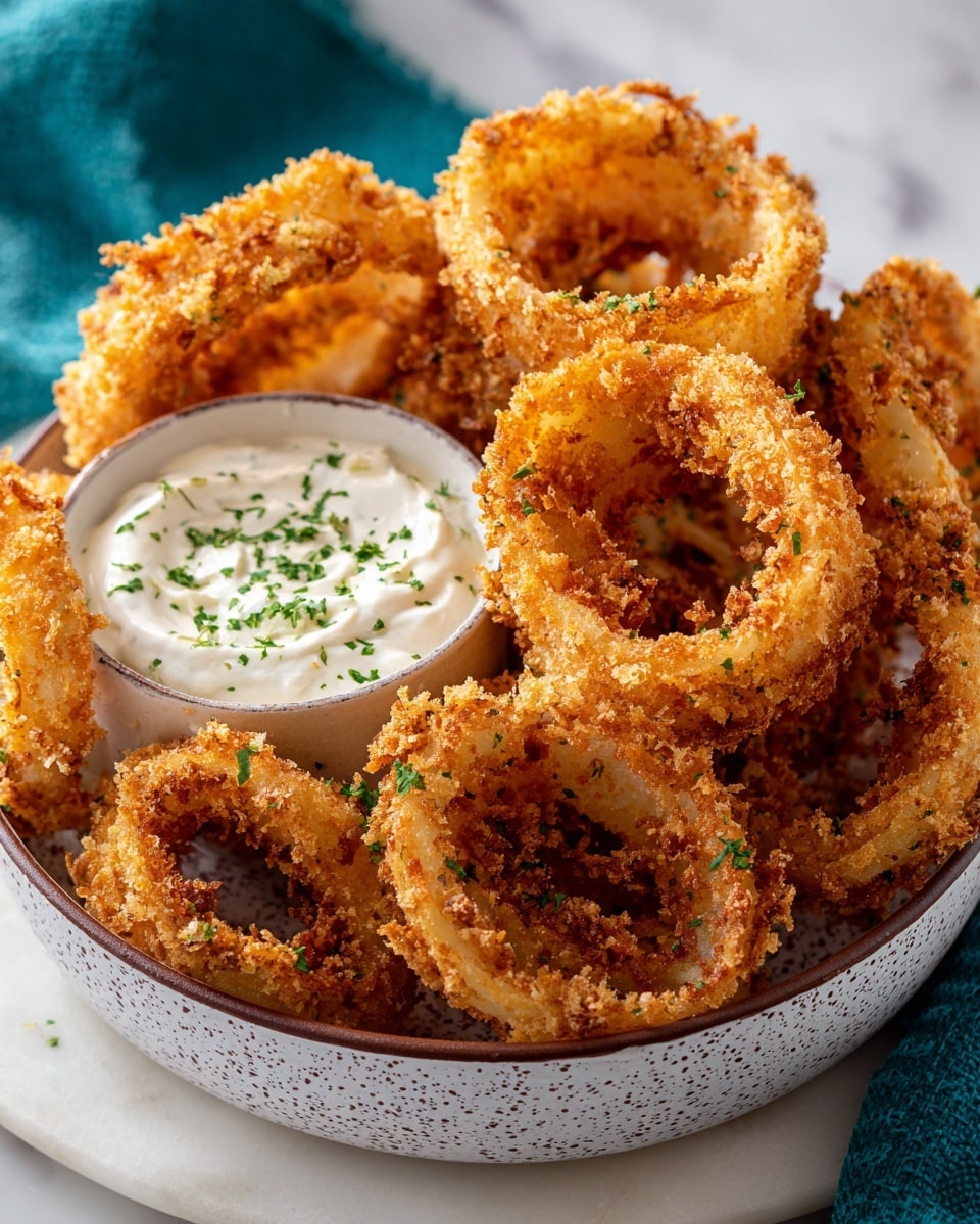 A white bowl filled with crispy, golden-brown onion rings with a rough, crunchy texture and sprinkled with small pieces of green herbs. In the center of the bowl sits a smaller, grey bowl holding smooth, white dipping sauce topped with finely chopped green herbs. The bowl is placed on a white marbled surface with a blue fabric to the side. photo taken with an iphone --ar 4:5 --v 7