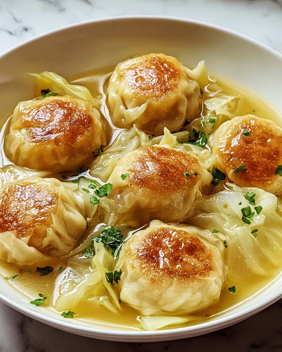 The image shows a white bowl filled with six golden-brown dumplings that have a shiny, slightly crispy texture on top. They are sitting in a light yellow clear broth and are surrounded by soft, translucent pieces of cooked cabbage. Small green herb pieces are sprinkled on top of the dumplings and cabbage. The bowl is placed on a white marbled surface. photo taken with an iphone --ar 4:5 --v 7
