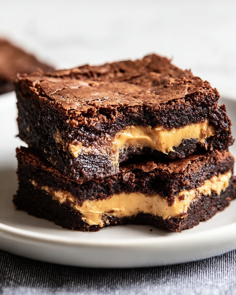 A square brownie with two visible layers sits on a white plate over a white marbled texture. The top and bottom layers are dark brown and look rich and fudgy with a slightly cracked surface. Between them is a thick, creamy, light tan peanut butter layer that looks smooth and soft. Part of the brownie’s edge shows a bite taken out, revealing the dense texture of the chocolate layers and the creamy peanut butter in the middle. The photo is close-up, focusing on the brownie’s moist texture and the contrast between chocolate and peanut butter. photo taken with an iphone --ar 4:5 --v 7
