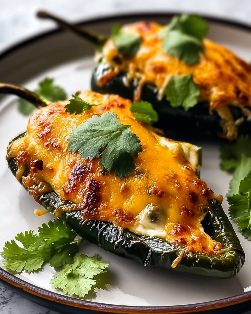 Two stuffed poblano peppers are placed on a white plate with a dark inner surface that looks like a deep dish, set on a white marbled texture background. Each pepper is cut in half lengthwise and filled with a generous layer of melted and browned cheese that is golden and slightly crispy on top, with the cheese oozing slightly over the edges. The skins of the peppers are dark green and wrinkled from roasting. Bright green cilantro leaves are placed on top of each cheese layer and scattered around the plate, adding a fresh contrast to the warm colors of the dish. The close-up shot captures the melted cheese texture and the vibrant color contrast vividly. photo taken with an iphone --ar 4:5 --v 7