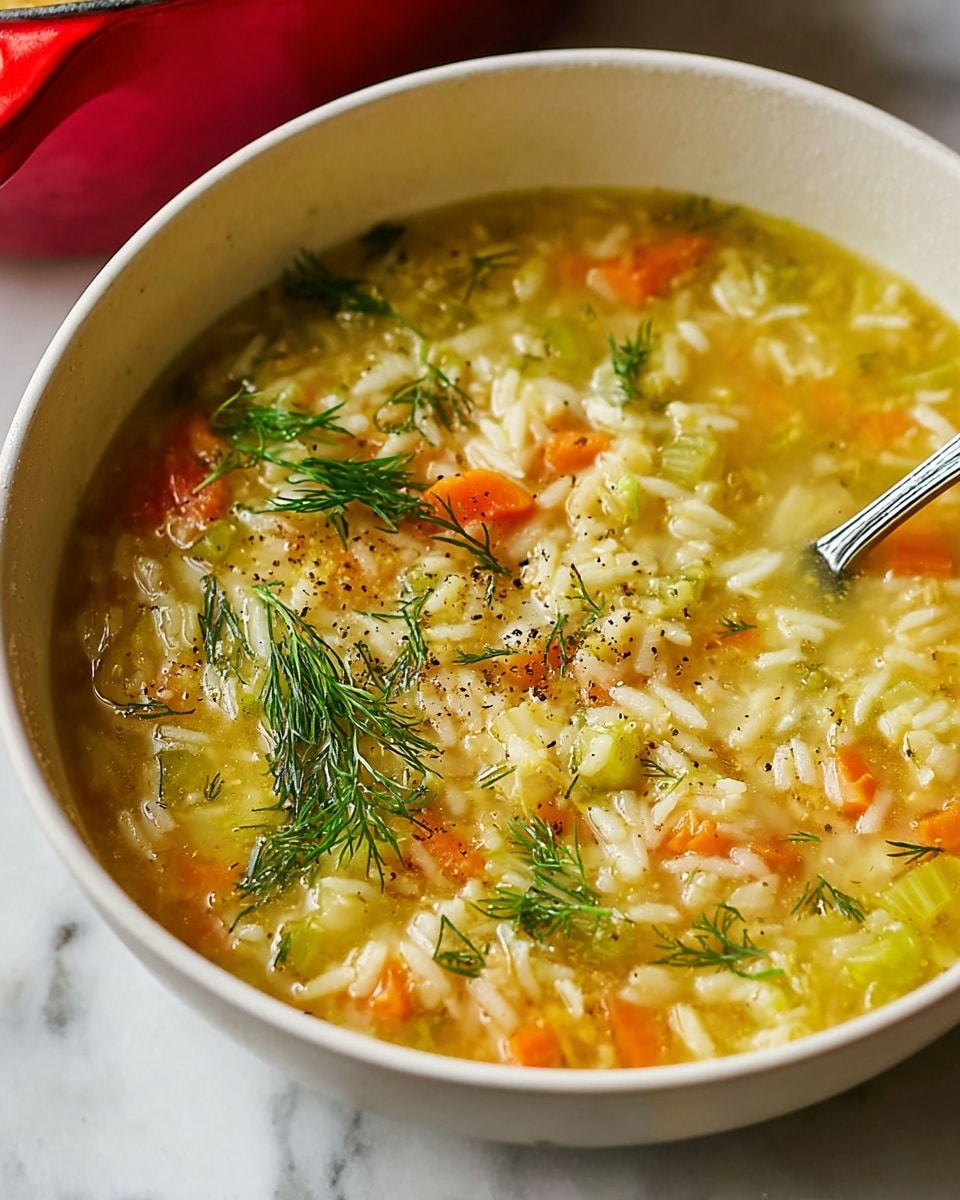 The image shows a close-up of a bowl filled with a warm rice soup. The soup has a yellow broth base with visible white rice grains, small pieces of orange carrots, and light green celery floating throughout. Bright green dill sprigs sit on top, adding a fresh touch, while black pepper is sprinkled across the surface. A silver spoon is partially submerged on the right side inside the bowl. The bowl is white and sits on a white marbled surface. In the background, there is a red pot with a handle, slightly out of focus. photo taken with an iphone --ar 4:5 --v 7