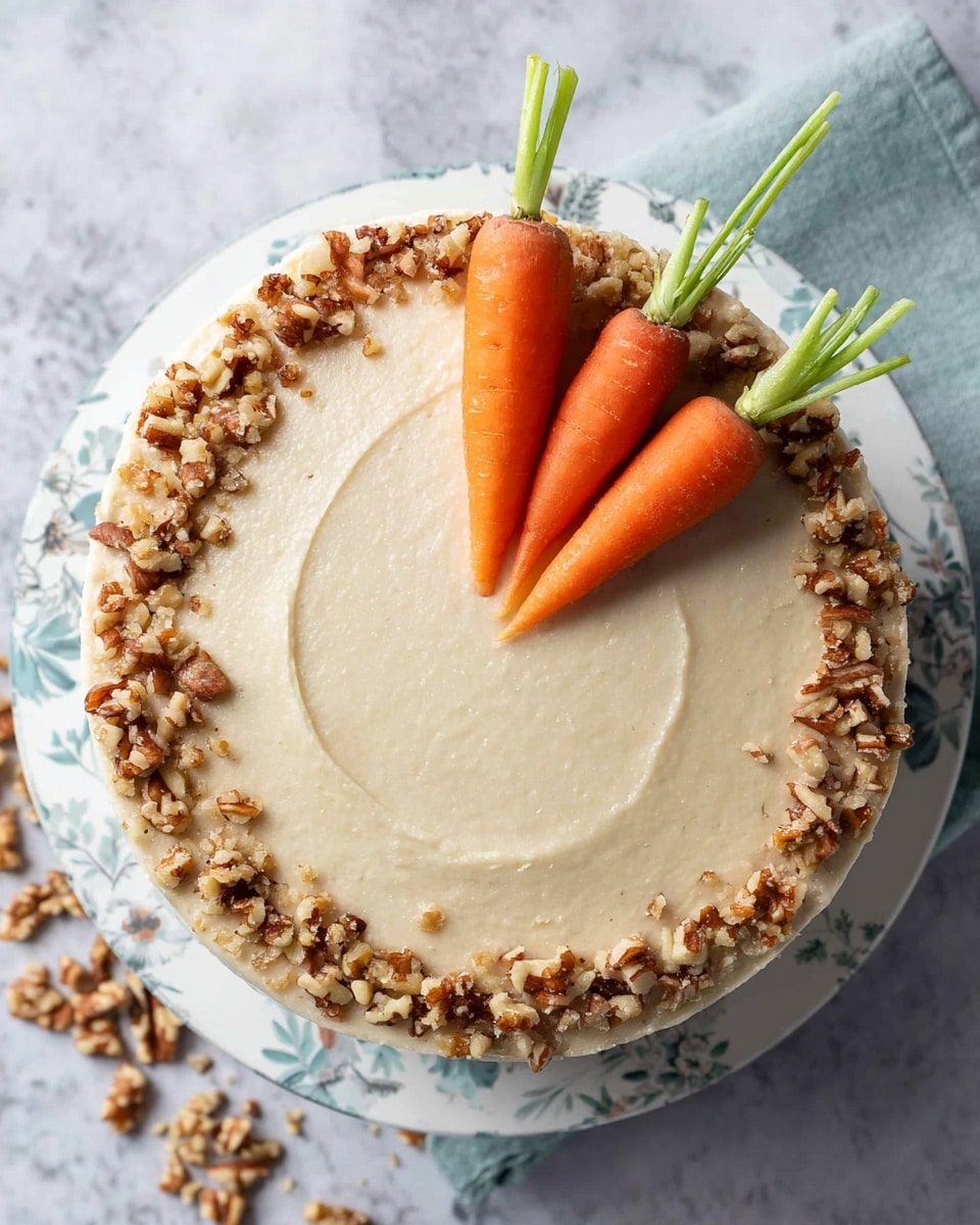 A round carrot cake with smooth light beige frosting covering all sides, topped with a circle of chopped walnuts near the edge, leaving the center plain. On the top center, three small bright orange carrots with green tops are placed diagonally next to each other. The cake sits on a white plate with a light blue and gray floral pattern, all placed on a white marbled texture. Photo taken with an iphone --ar 4:5 --v 7