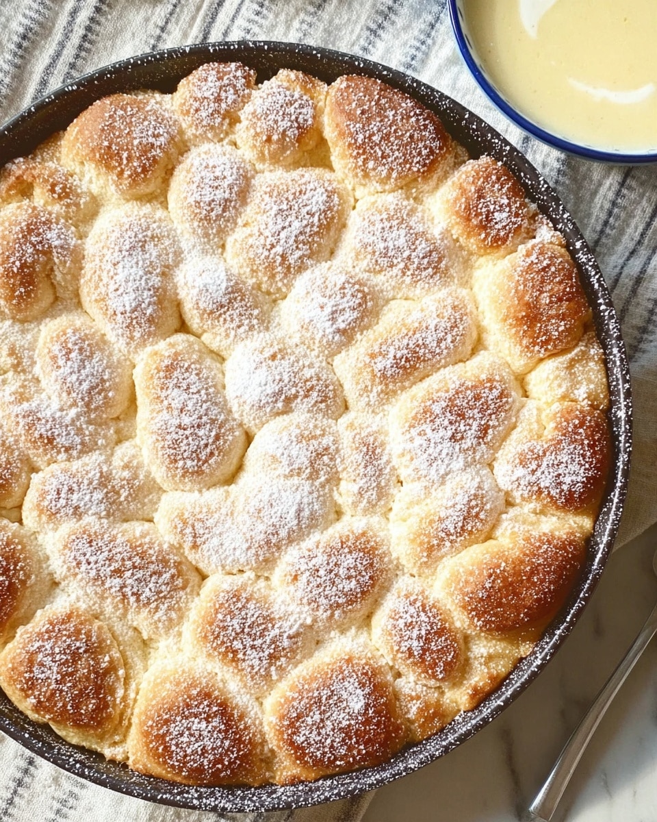 A round baked dish with a golden brown top layer made up of many small, puffy, bread-like pieces clustered tightly together, each piece slightly raised and dusted generously with white powdered sugar, sitting in a dark baking pan on a white marbled surface covered by a light-colored cloth with subtle stripes. In the top right corner, a small part of a white bowl with a blue rim and creamy light yellow sauce inside is visible. Photo taken with an iphone --ar 4:5 --v 7