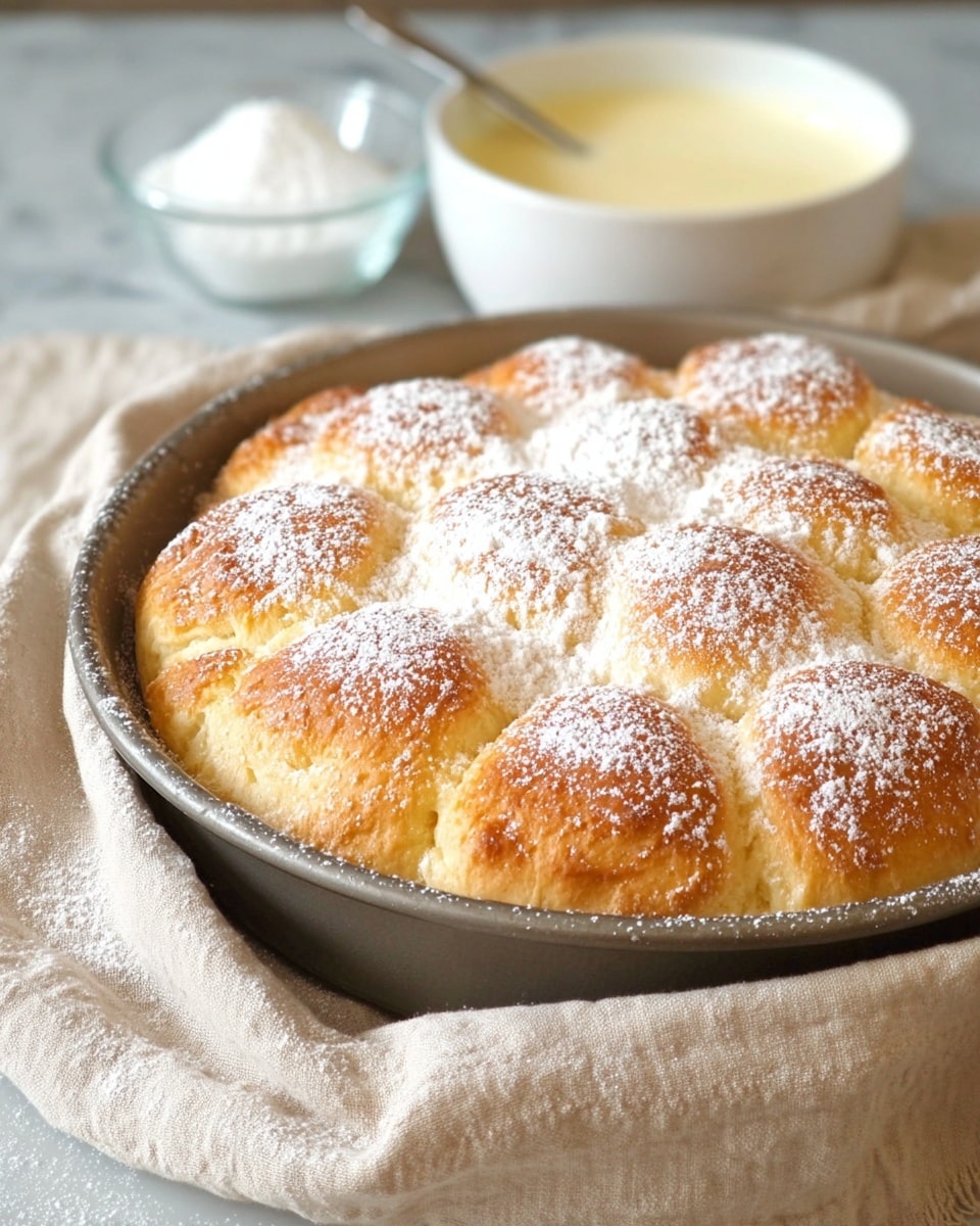 A round baking pan filled with golden-brown pulled apart bread rolls arranged close together, each roll puffed and lightly browned on top, dusted evenly with white powdered sugar. The pan sits on a beige cloth which is on a white marbled surface. In the background, there is a white bowl filled with a light yellow creamy sauce on the right and a small glass bowl with white powder on the left, both slightly blurred. Photo taken with an iphone --ar 4:5 --v 7