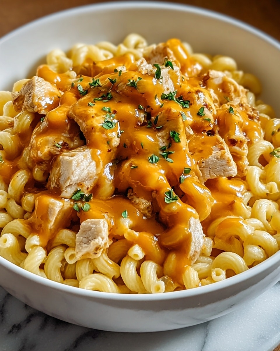 A white bowl filled with three layers: at the bottom is a layer of cooked curly macaroni pasta in a pale yellow color, the middle layer consists of medium-sized pieces of light-colored cooked chicken scattered evenly, and the top layer is a glossy, rich orange cheese sauce drizzled generously over the chicken and pasta, with small green herb leaves as garnish on top; the bowl rests on a white marbled textured surface. photo taken with an iphone --ar 4:5 --v 7