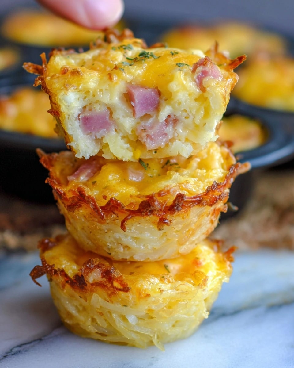 The image shows a close-up view of three small, round breakfast egg muffins stacked on a white marbled surface. The top muffin has a textured bottom layer of golden crispy shredded potatoes, a middle layer of soft, light yellow cooked eggs mixed with small pink ham pieces, and a top layer of melted yellow cheese with more small ham bits, slightly browned at the edges. The middle muffin below matches the same layers and textures, while the bottom muffin is still in a black muffin tray, showing melted cheese and ham on the surface. The background is blurred with a faintly visible woman's hand holding one of the muffins. Photo taken with an iphone --ar 4:5 --v 7