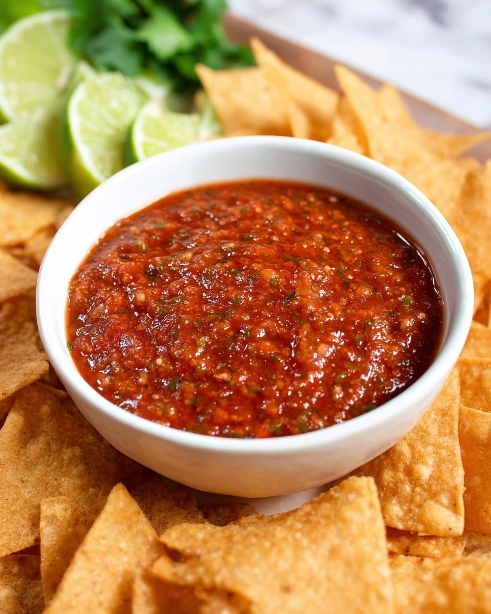 A white bowl filled with thick, chunky red salsa that has bits of herbs and spices visible throughout, creating a textured surface. The bowl sits on a bed of golden-brown, crispy tortilla chips arranged closely around it. Behind the bowl, there are several lime wedges and some green cilantro, adding a touch of fresh color. All is placed on a white marbled surface. Photo taken with an iphone --ar 4:5 --v 7