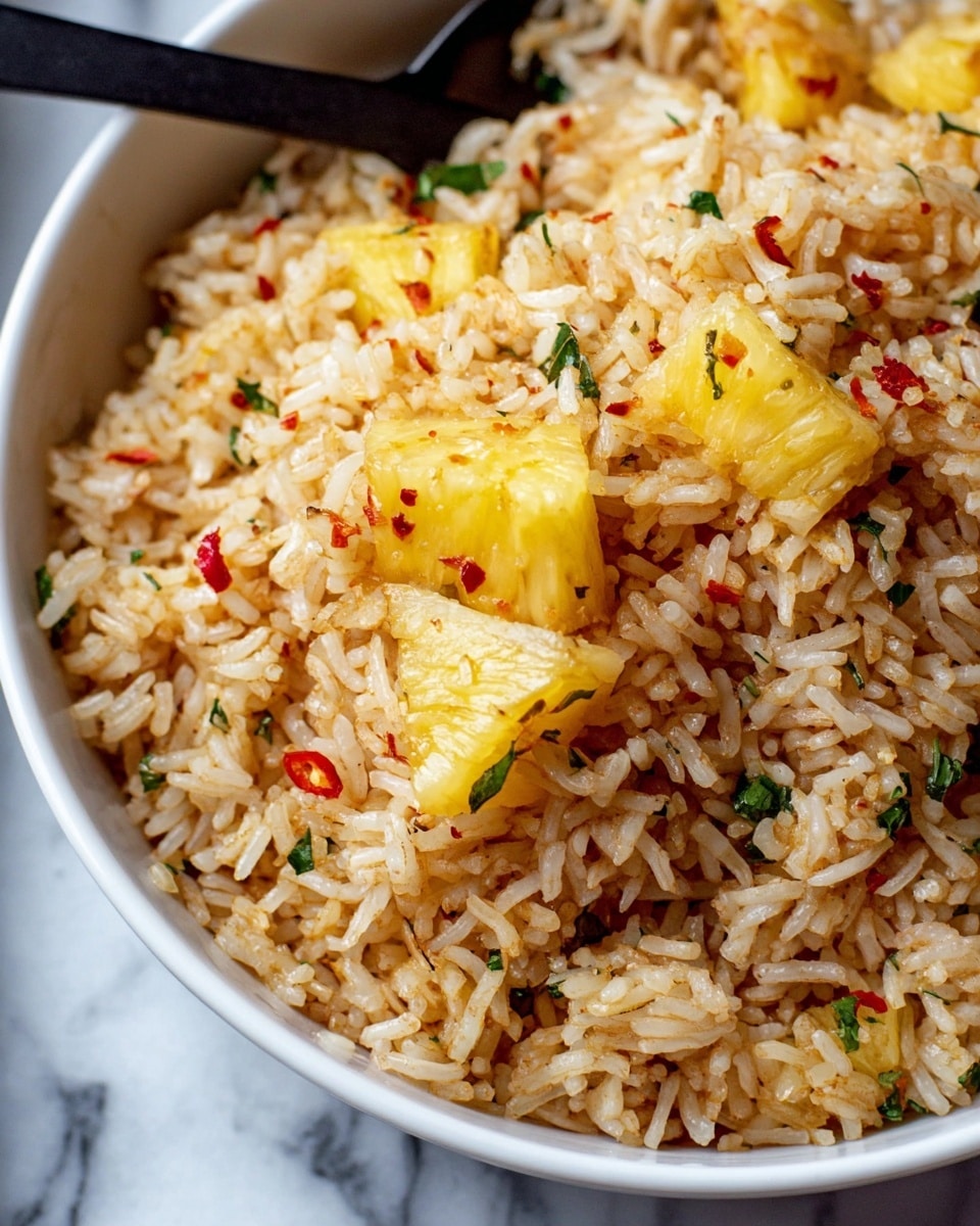A close-up view of a white bowl filled with cooked rice mixed with yellow pineapple pieces. The rice grains are light brown with specks of red chili flakes scattered throughout. Small green herb bits are also mixed in, adding a touch of color. A black spoon is partially visible inside the bowl, and the scene is set on a white marbled surface. photo taken with an iphone --ar 4:5 --v 7