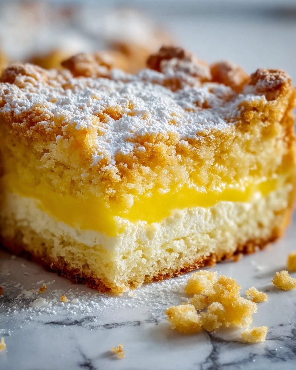 The image shows a close-up of a crumb cake with three visible layers on a white marbled surface. The top layer is golden brown with a crumbly texture and is dusted with white powdered sugar. Below it is a bright yellow, smooth, custard-like middle layer. The bottom layer is a thicker, dense cake base that is pale yellow. There are several crumbs around the slice on the white marbled surface. photo taken with an iphone --ar 4:5 --v 7