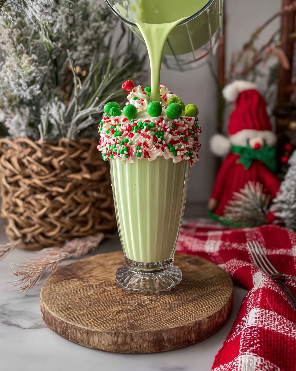 A tall clear glass filled with a smooth light green milkshake is shown pouring more of the same milkshake from a blender into the top. The rim of the glass is thickly covered with white frosting and decorated with green, red, and white sprinkles, along with a few larger green candy balls. The glass sits on a round wooden board placed over a red checkered cloth, with a white marbled background. Behind the drink, there is a wicker tree decoration, a snowman-shaped stocking, and frosted pine branch decorations. photo taken with an iphone --ar 4:5 --v 7