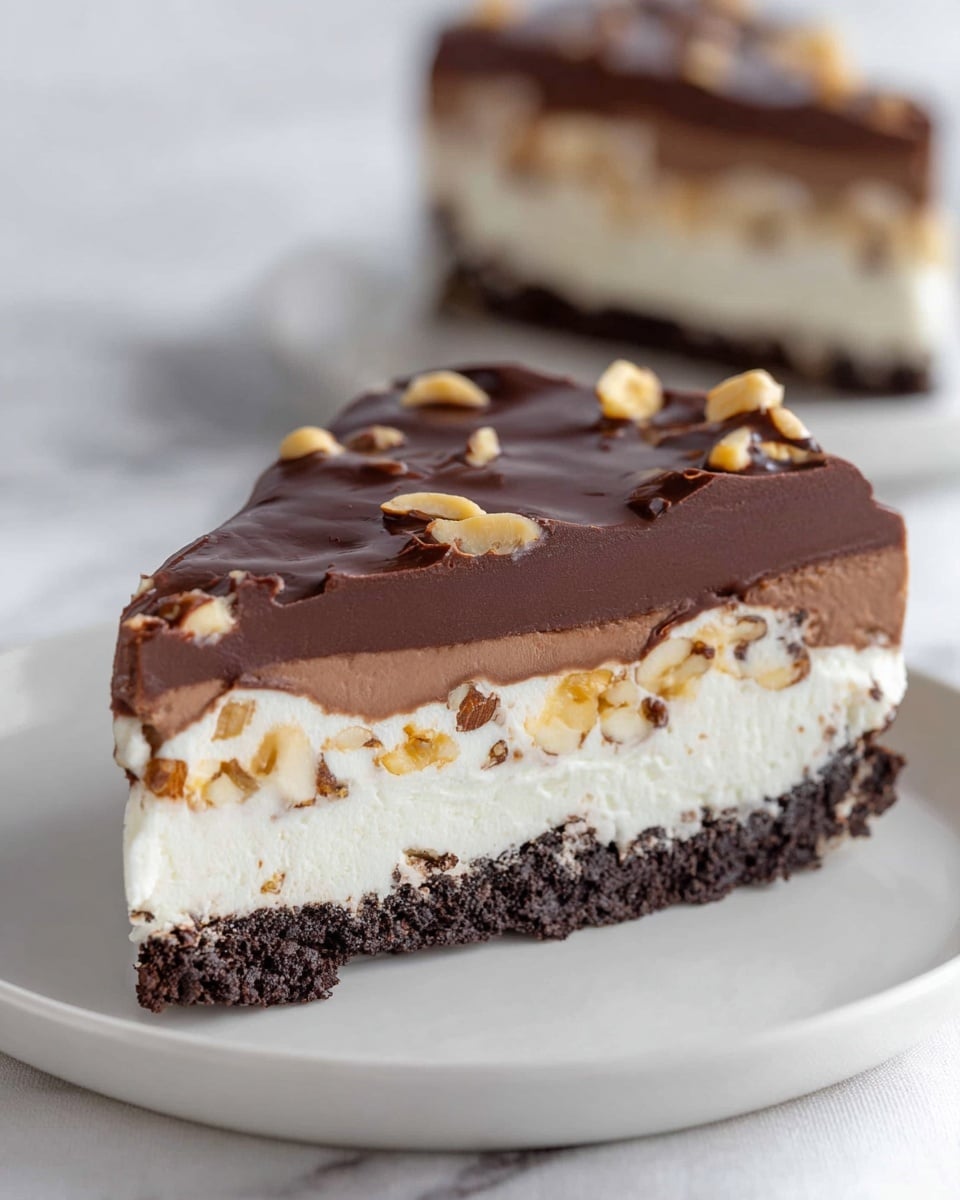 The image shows a slice of a layered dessert on a white plate placed on a white marbled surface. The dessert has five visible layers: the bottom layer is dark and crumbly like crushed cookies, above it is a smooth creamy white layer, followed by a rich dark chocolate layer with a glossy finish. Above this, there is a thick white layer filled with small nut pieces, and the top layer is a thick, slightly wrinkled dark chocolate ganache with nuts scattered within. Another slice is blurred in the background on a similar white plate. Photo taken with an iphone --ar 4:5 --v 7
