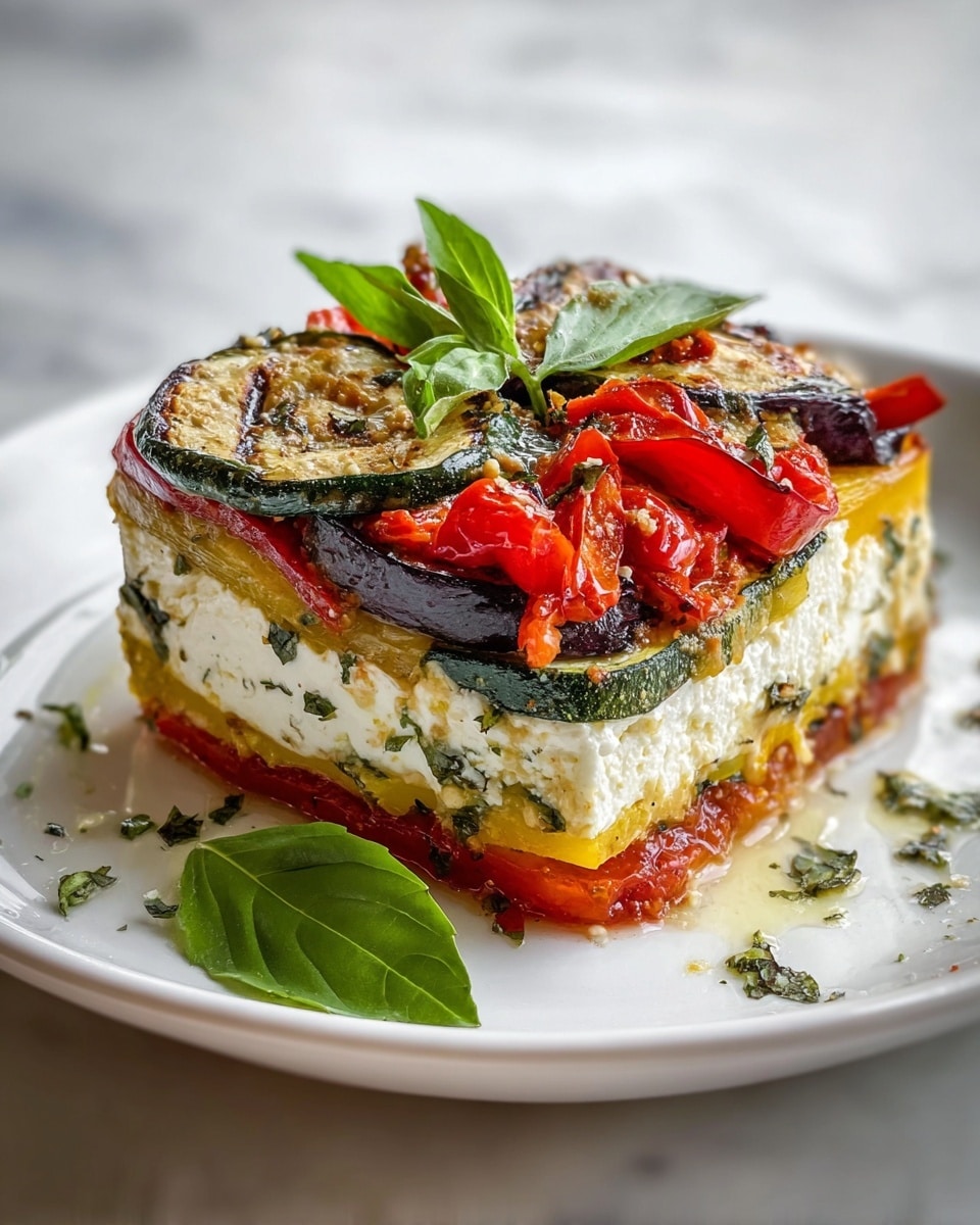 A square slice of layered vegetable dish sits on a white plate on a white marbled surface, showing four distinct layers: the bottom layer is red roasted tomatoes with some oil, the next layer is yellow squash with a slightly soft texture, followed by a thick white ricotta cheese layer speckled with green herbs, and topped with grilled zucchini and eggplant slices with a charred look, covered with red roasted bell peppers and a few green basil leaves placed on top as garnish. There is a single basil leaf beside the slice on the plate, and small herb pieces scattered around. The vegetables have a shiny, slightly oily surface with a fresh, vibrant look. Photo taken with an iphone --ar 4:5 --v 7