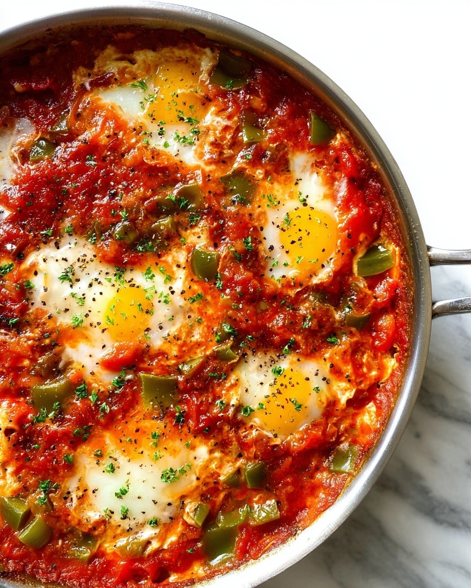 A close-up of a skillet filled with shakshuka, showing a bright red tomato sauce base with chunks of green bell peppers scattered throughout. The dish has three visible layers: the red chunky sauce layer with tomato pieces and peppers, a middle layer of cooked eggs with bright yellow yolks partly covered by the sauce, and a garnish layer sprinkled with finely chopped green herbs and black pepper. The skillet is silver, placed on a white marbled texture, and the colors and textures of the dish are vibrant and fresh. photo taken with an iphone --ar 4:5 --v 7
