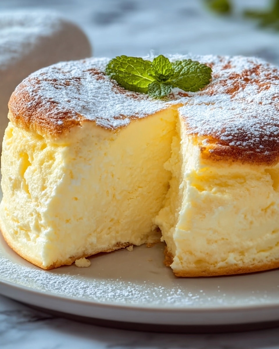A soft, fluffy cheesecake with a light yellow creamy inside and a slightly browned, powdery top layer dusted with powdered sugar, showing a textured baked surface with a small green mint leaf decoration on top; the cake has a thin, light brown crust base at the bottom and is placed on a white plate, all set against a white marbled background. photo taken with an iphone --ar 4:5 --v 7