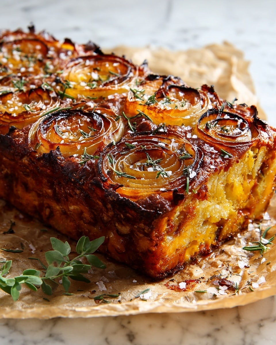 A thick rectangular savory loaf with a golden-brown crust sits on crumpled parchment paper over a white marbled surface, showing a speckled orange and yellow inside with hints of herbs. The top layer features caramelized, circular onion slices in a golden-yellow color with browned edges, giving a textured, slightly glossy look. Sprinkles of fresh green herbs and coarse salt are scattered across the top, adding contrast to the rich, toasted surface. A small green herb sprig lies beside the loaf on the parchment, enhancing the rustic, fresh feel of the dish. photo taken with an iphone --ar 4:5 --v 7